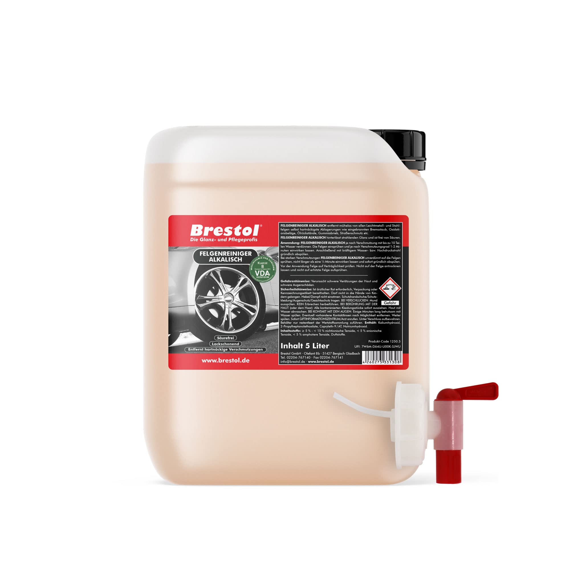 Brestol Felgenreiniger alkalisch 5 Liter Konzentrat - für Alufelgen Stahlfelgen Autofelgen LKW-Felgen Reiniger Bremsstaubentferner Gummiabrieb-Entferner Felgenglanz