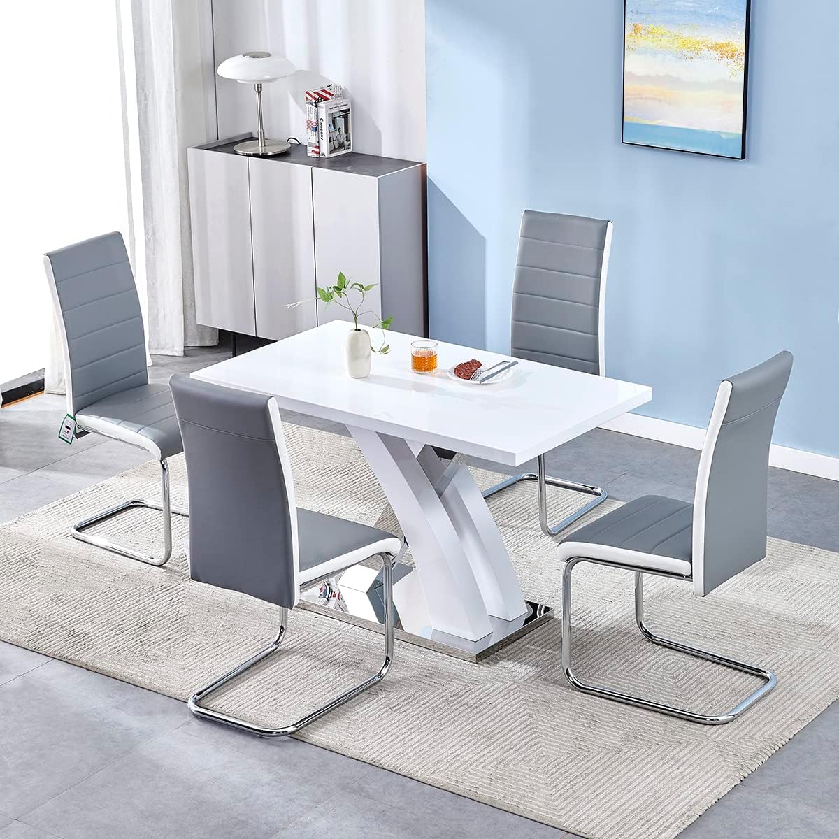 Panana Elegant White High Gloss Kitchen Dining Table 120CM X Shape With 4pcs Dining Chairs Set (White table with 4 white-grey chairs)