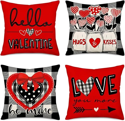 Easternproject Juego de 4 fundas de almohada de 18 x 18 pulgadas para el día de San Valentín, diseño de corazones de lunares rojos con abrazos,