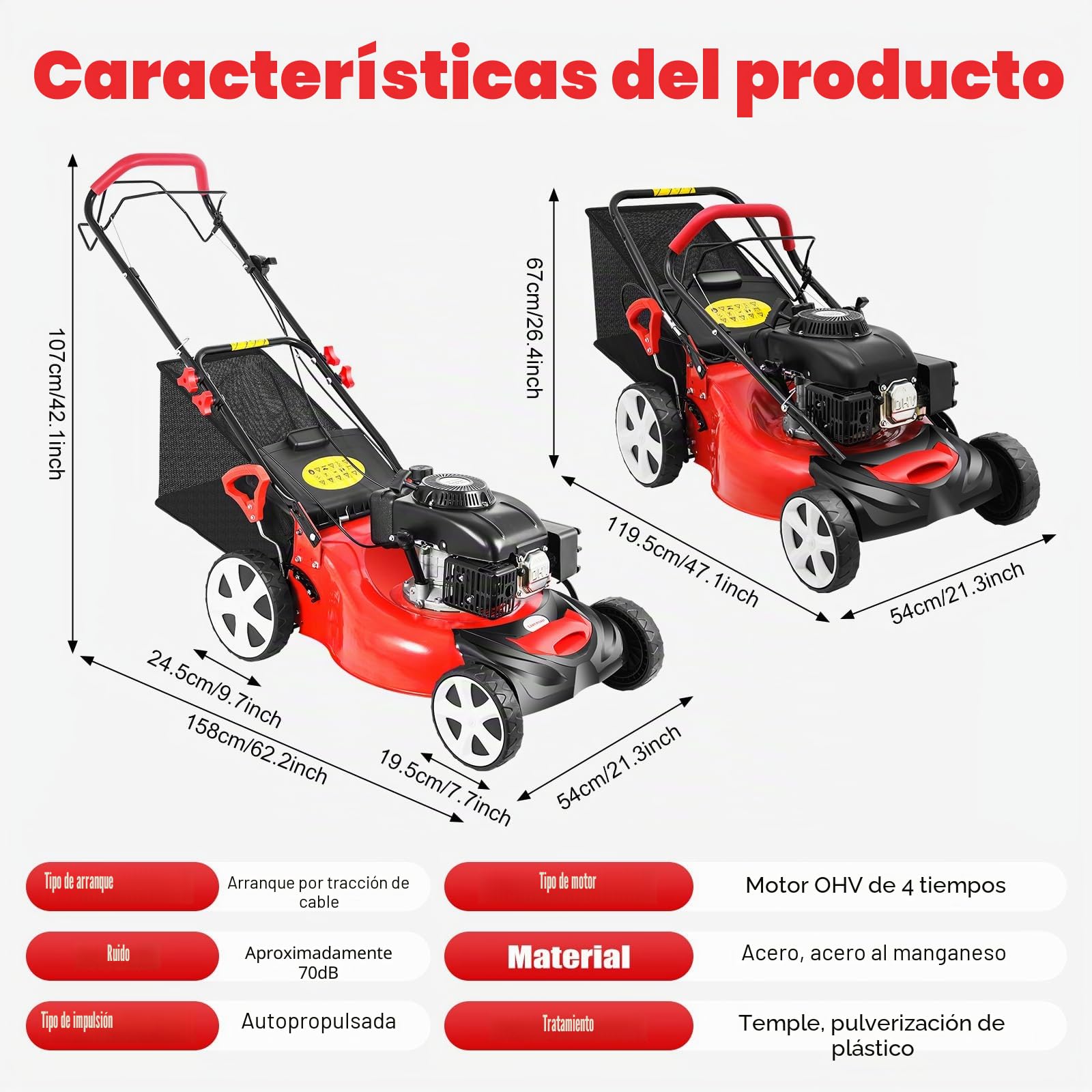 Cortacésped, Mower, cortacésped de gasolina, ajuste de altura de nivel 8, motor de gasolina de 140 cc de cuatro tiempos, 2800 rpm, ancho de corte puede ser de 51 cm