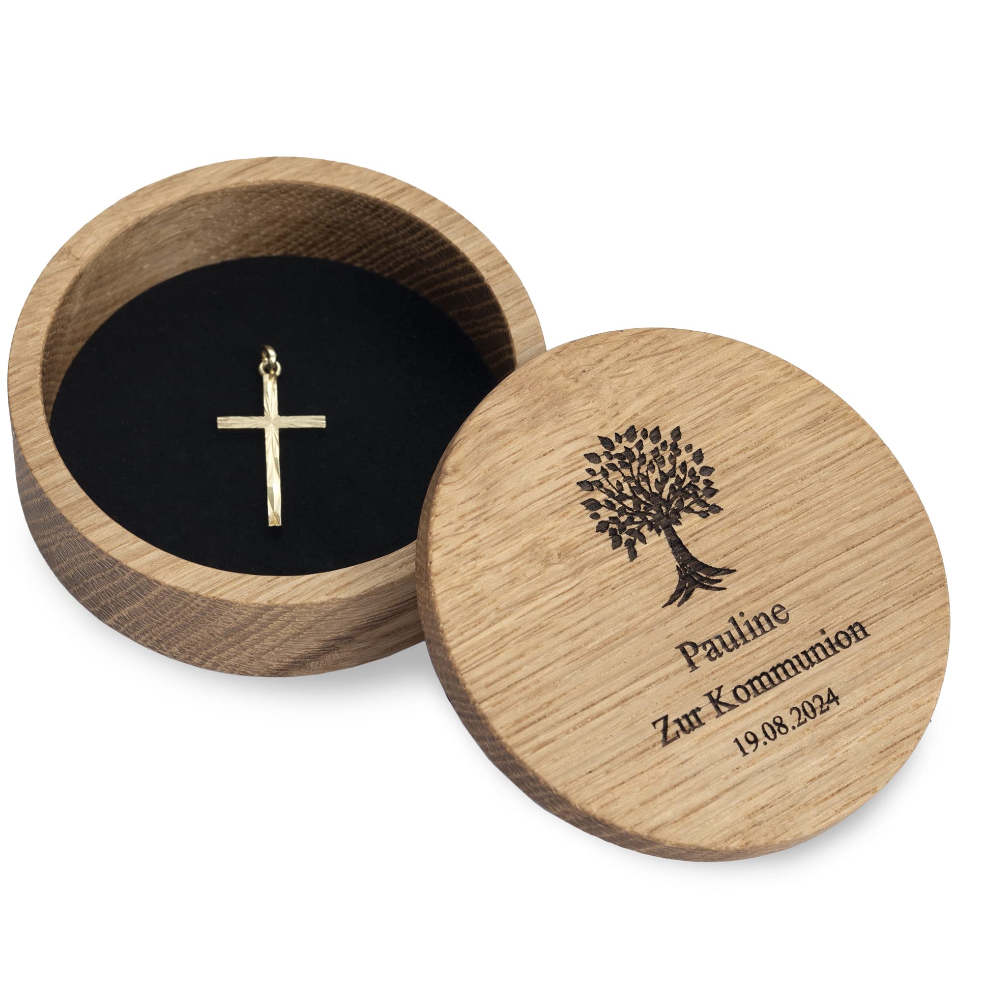 STREIFHOLZ Schmuckdose aus Holz mit individueller Gravur, personalisiertes Schmuckkästchen, runde Schmuckschatulle für Ohrringe, Kette, Ringe, Rosenkranz uvm.