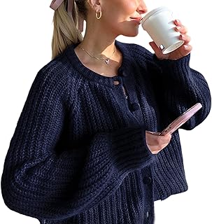 VDWIP Women's Cardigan Sweaters Button Down Open Front Chunky Cardigan Long Sleeve Cropped Y2k Knit Outerwear