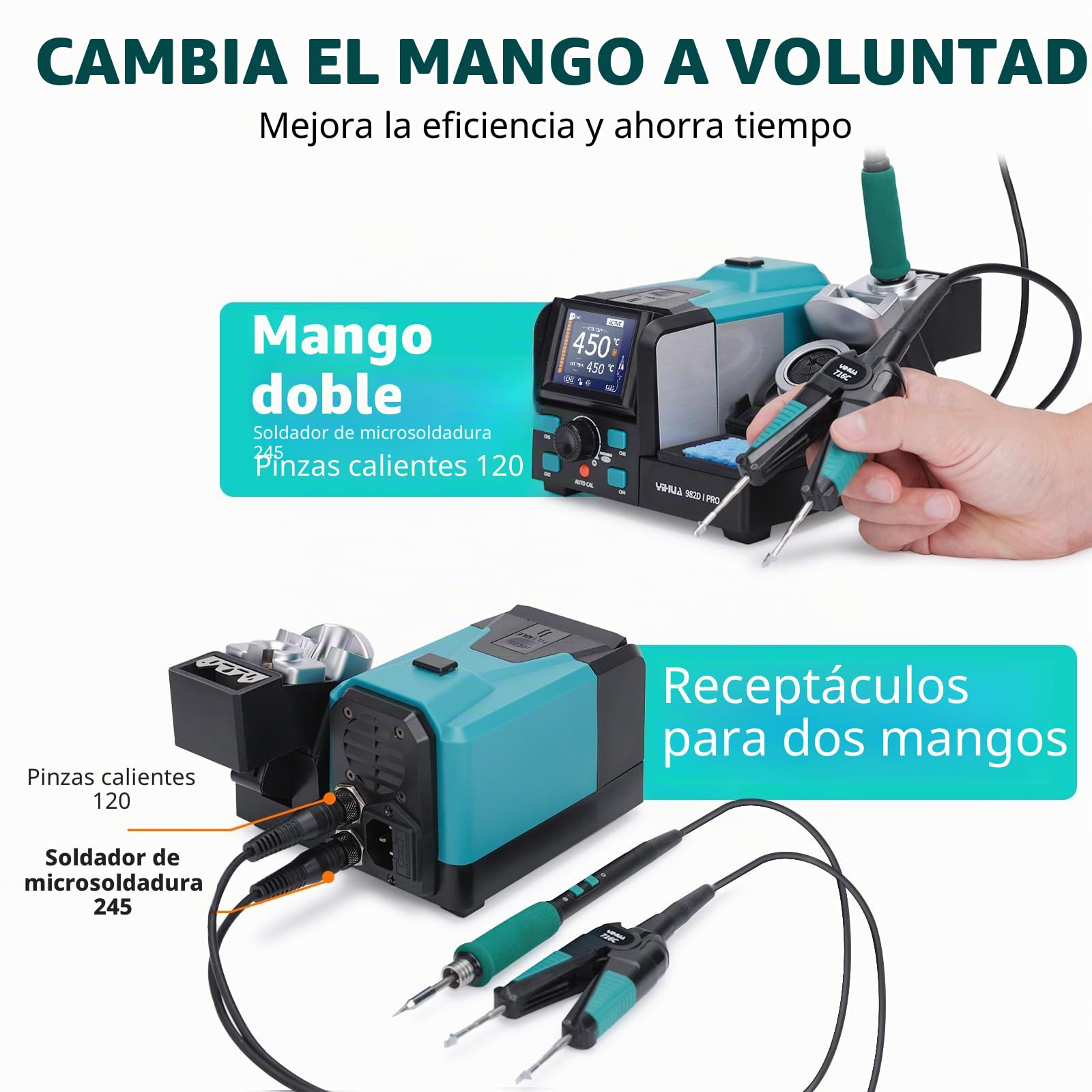 YIHUA 982D-I PRO 2 en 1 Estacion Soldadura de Pinzas Calientes de Hierro de Microsoldadura de Precisión con 10 Cartuchos de Punta,Auto Calibración Temperatura,4 Canales Preestablecidos(EU Plug)