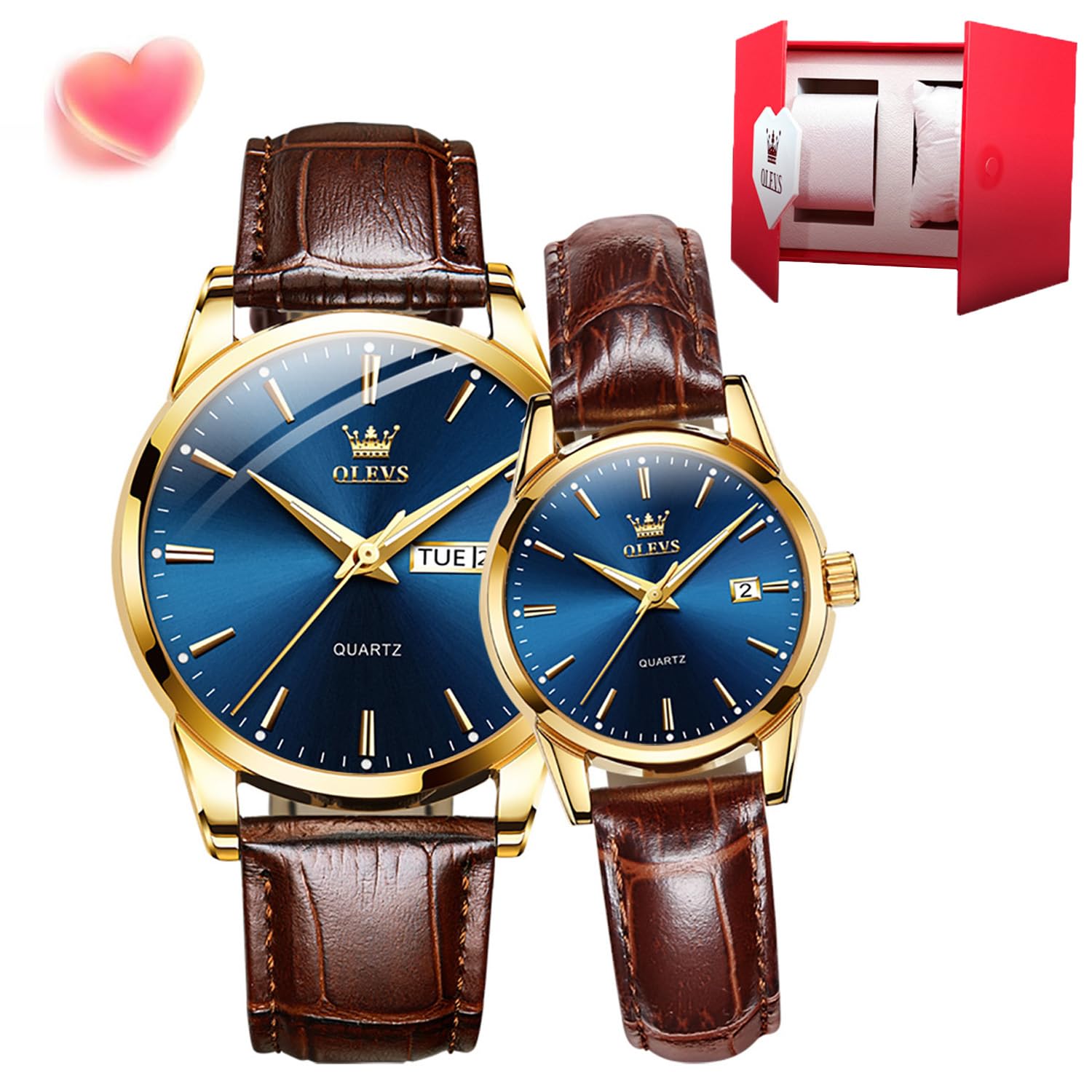 OLEVS Couple Pair Quartz Watches Luminous Calendar Date Window 3ATM Waterproof, Casual His and Hers Wristwatch for Men Women Lovers Wedding Romantic