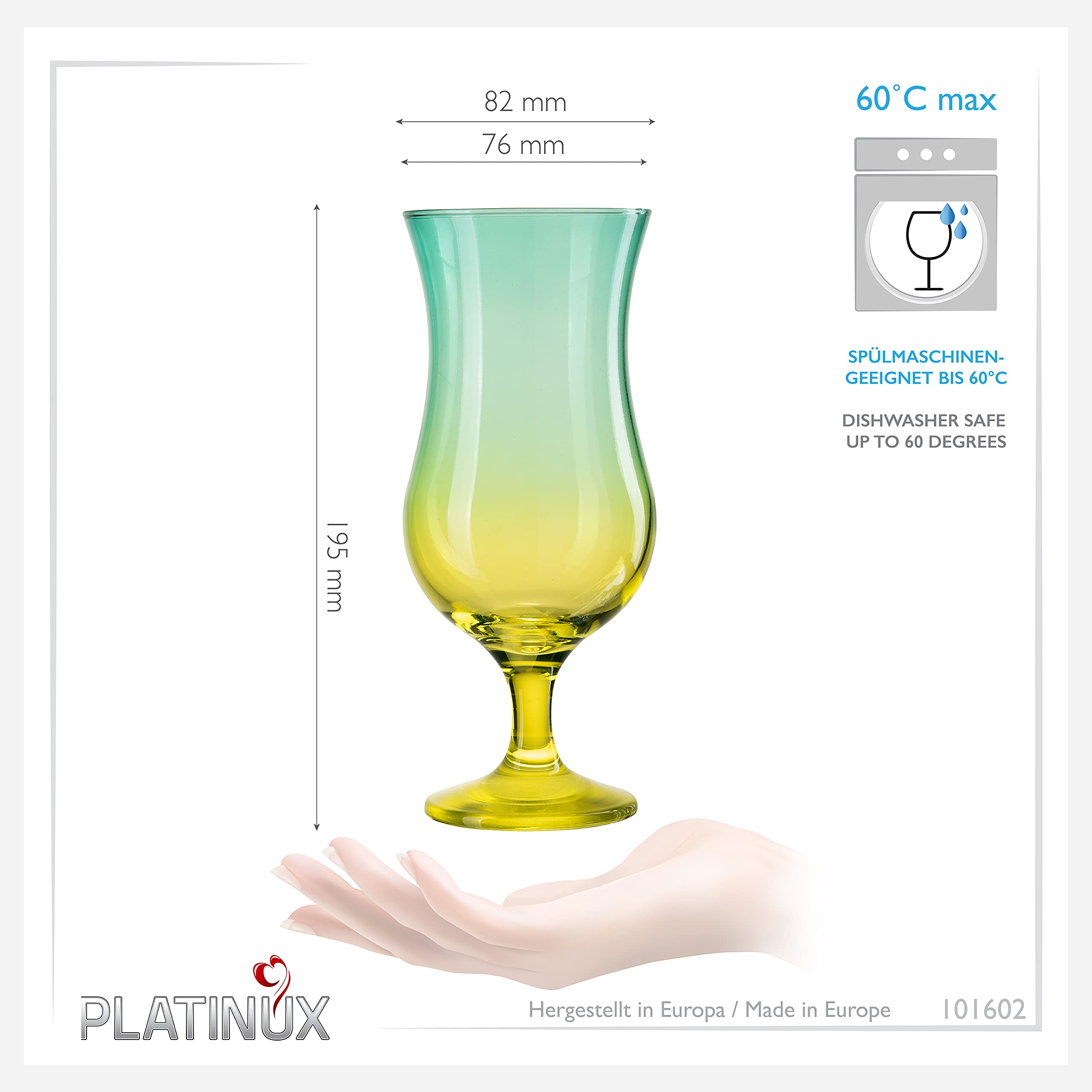 Set 6 Bicchieri Da Cocktail PLATINUX Sfumati Verde/giallo, Vetro Pressato, 400 Ml, Alti 19,5 Cm, Piede, Fatti A Mano - 5