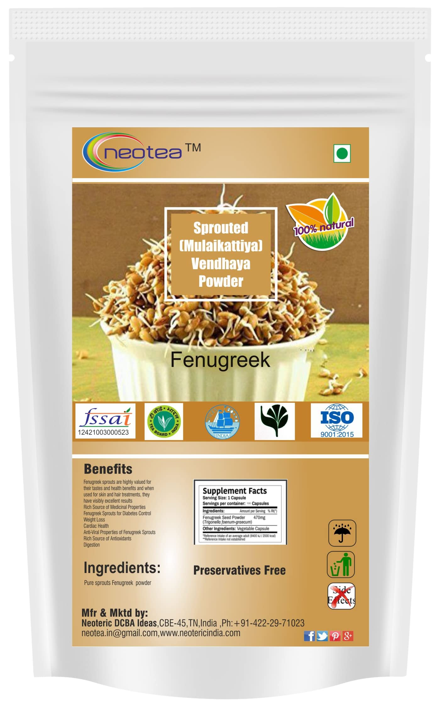 Neotea Flax Sprouted Mulaikattiya Vendhaya Methi Mente Powder, 250 G (B078VP1Z1N) Amazon Price History, Amazon Price Tracker