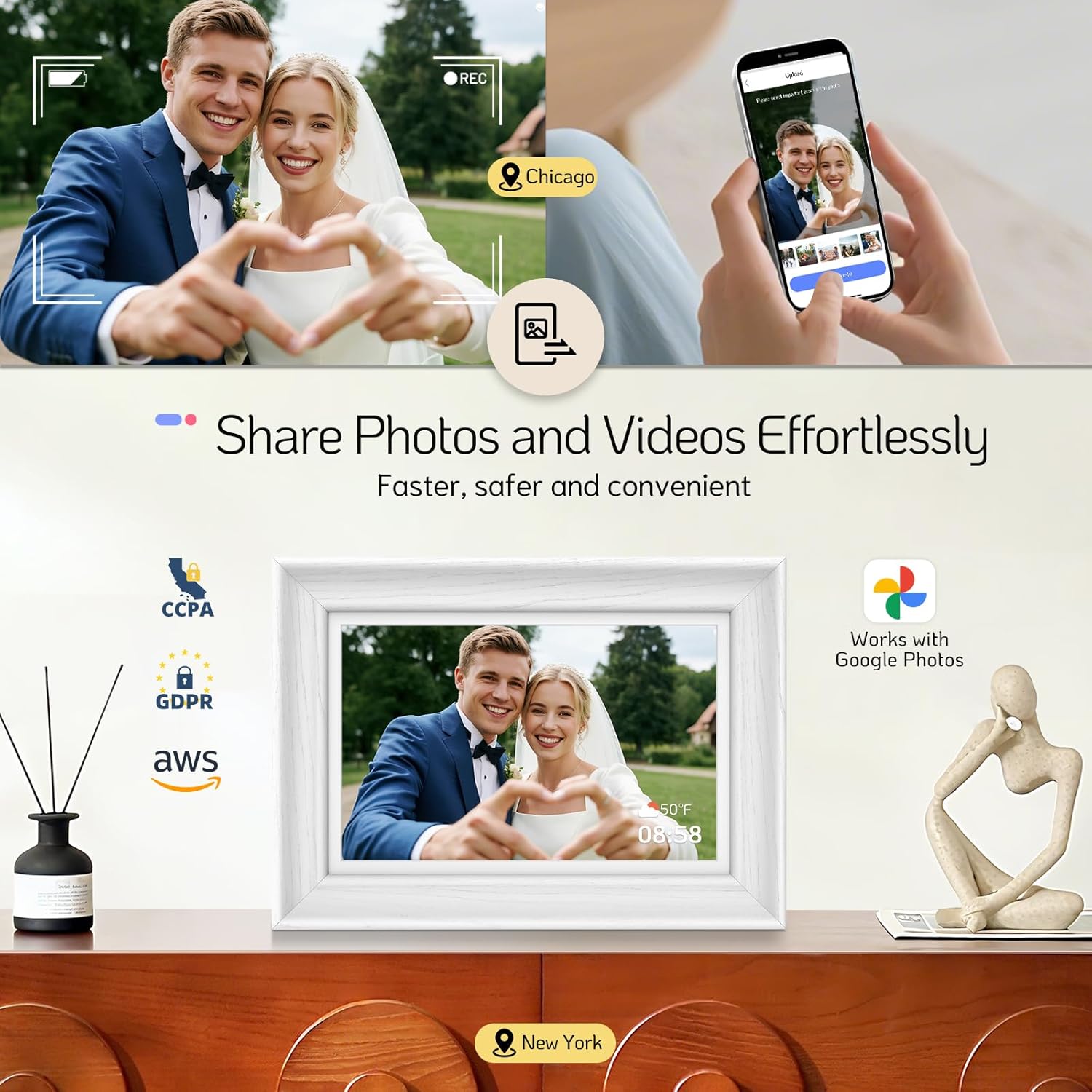 A split image showing a couple making a heart shape with their hands, and a smartphone screen displaying the NexFoto app with photo sharing options. Below, the digital frame displays the same image.