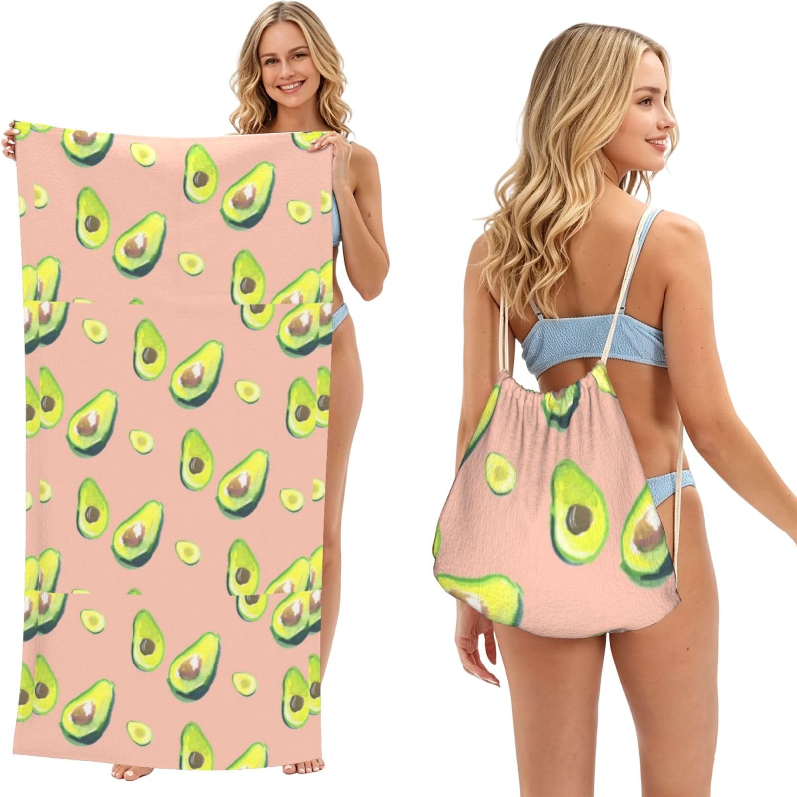 Poadnly As Picture Avocado, 2 In 1 Packable Towel Bag, Beach Towels With Drawstring Backpack For Travel Holiday Camping