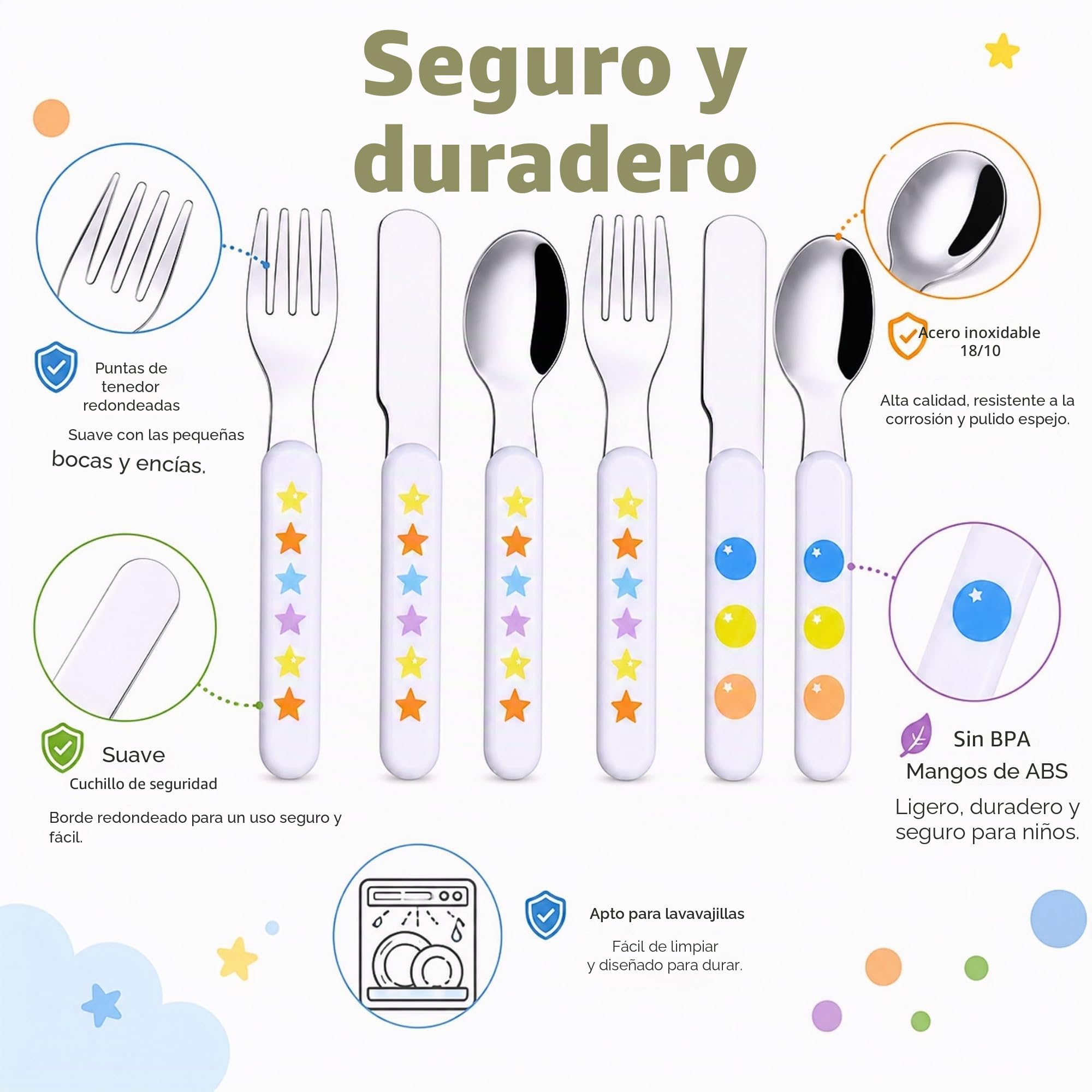 Exzact Cubiertos Infantiles 6 Piezas de Acero Inoxidable 18/10-2 x Tenedores, 2 x Cuchillos de Seguridad, 2 x cucharas, Mango de plástico, Cubertería Infantil sin BPA - Estrellas y Puntos