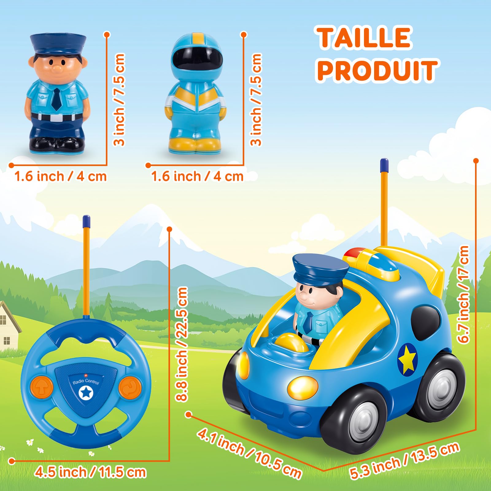 Pup Go Radiocommandee pour Enfant 2 3 Ans, Cadeau Noel pour Garcon, avec Musique Et Lumières, Telecommandé 2 Ans avec 2 Poupées，La Première Voiture Télécommandée d'un Jeunes