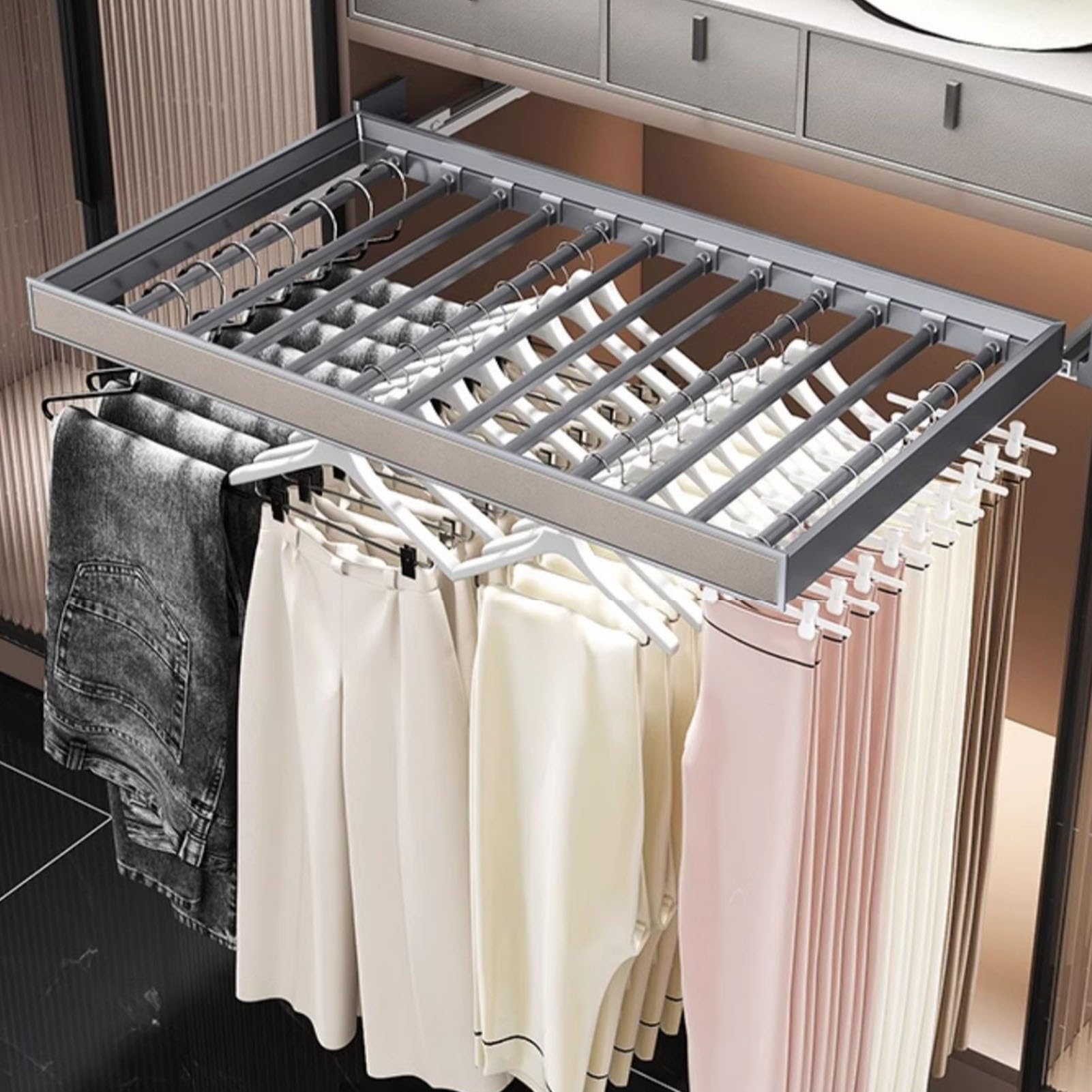 Wysuwany Wieszak Na Spodnie,Regulowany 47-81 cm,Wysuwany Drążek Na Ubrania,Odpowiedni Do Organizacji Szafy I Szafy,Oszczędność Miejsca,Nośność 45 KG (Size : 72-76cm)