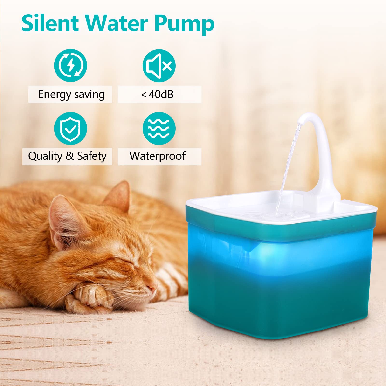 Fontana per acqua per gatti, ciotola automatica elettrica per cani, fontanella ultra silenziosa per cani e gatti di piccola e media taglia (2 L)