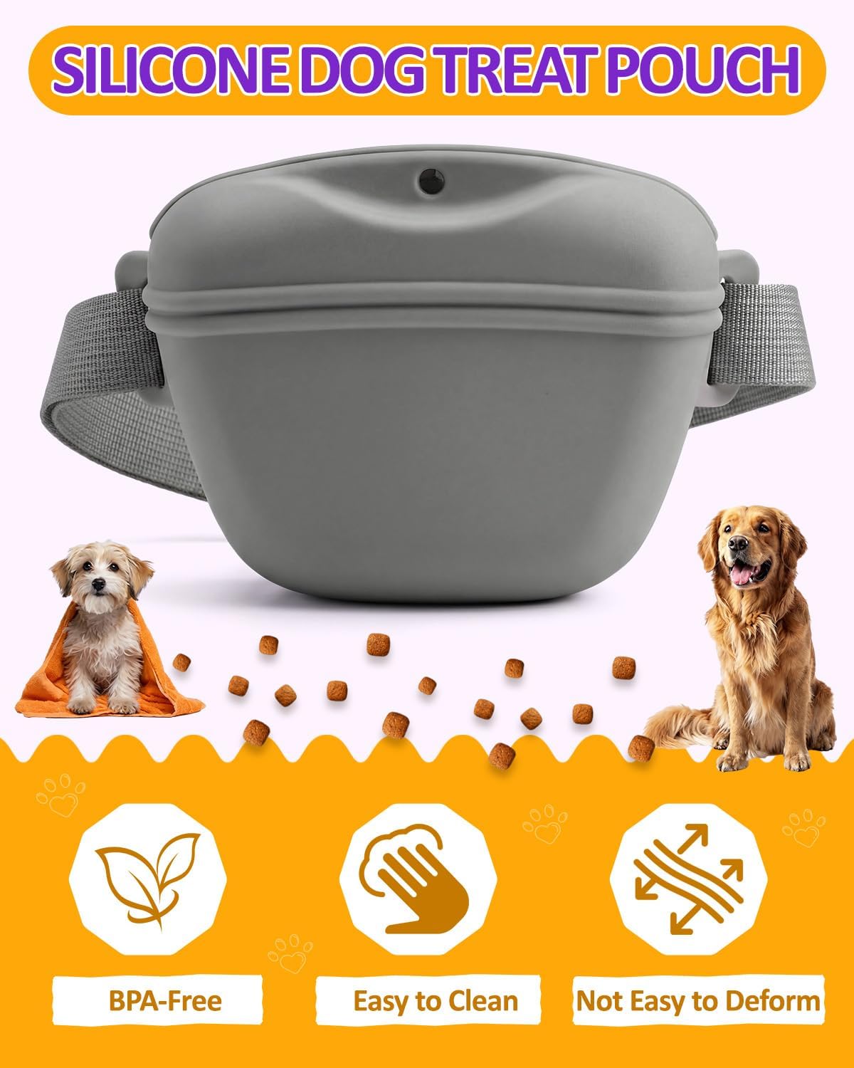 One-Hand Access 2-Pack Silicone Dog Treat Pouches with 2 Training Clickers - Magnetic Auto-Closing Lid, Extended Waist Belt, Pocket-Sized for Walks