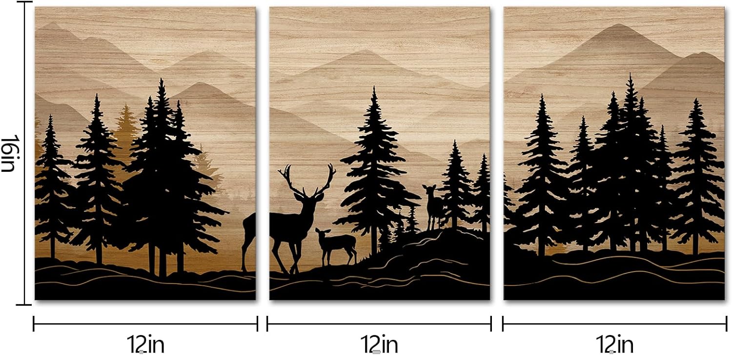 WELMECO Deer Wall Art Log Cabin Decor Rustic Farmhouse Bedroom Bathroom Living Room Decor 12"x16" x 3Pieces,Framed Canvas Wall Art - Image 5