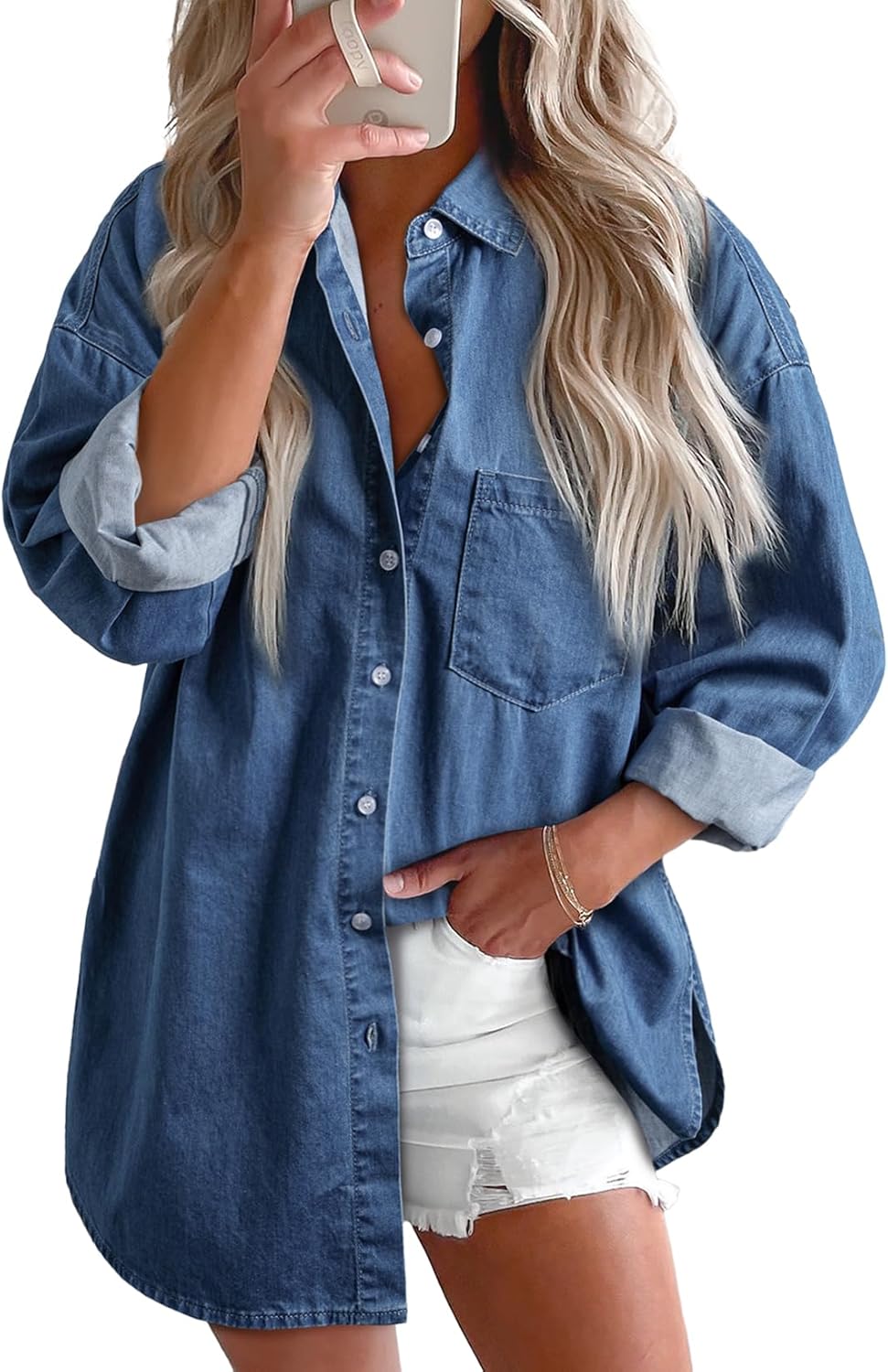 Astylish Women Denim Shirts Button Down Blouse V Neck Casual Tops