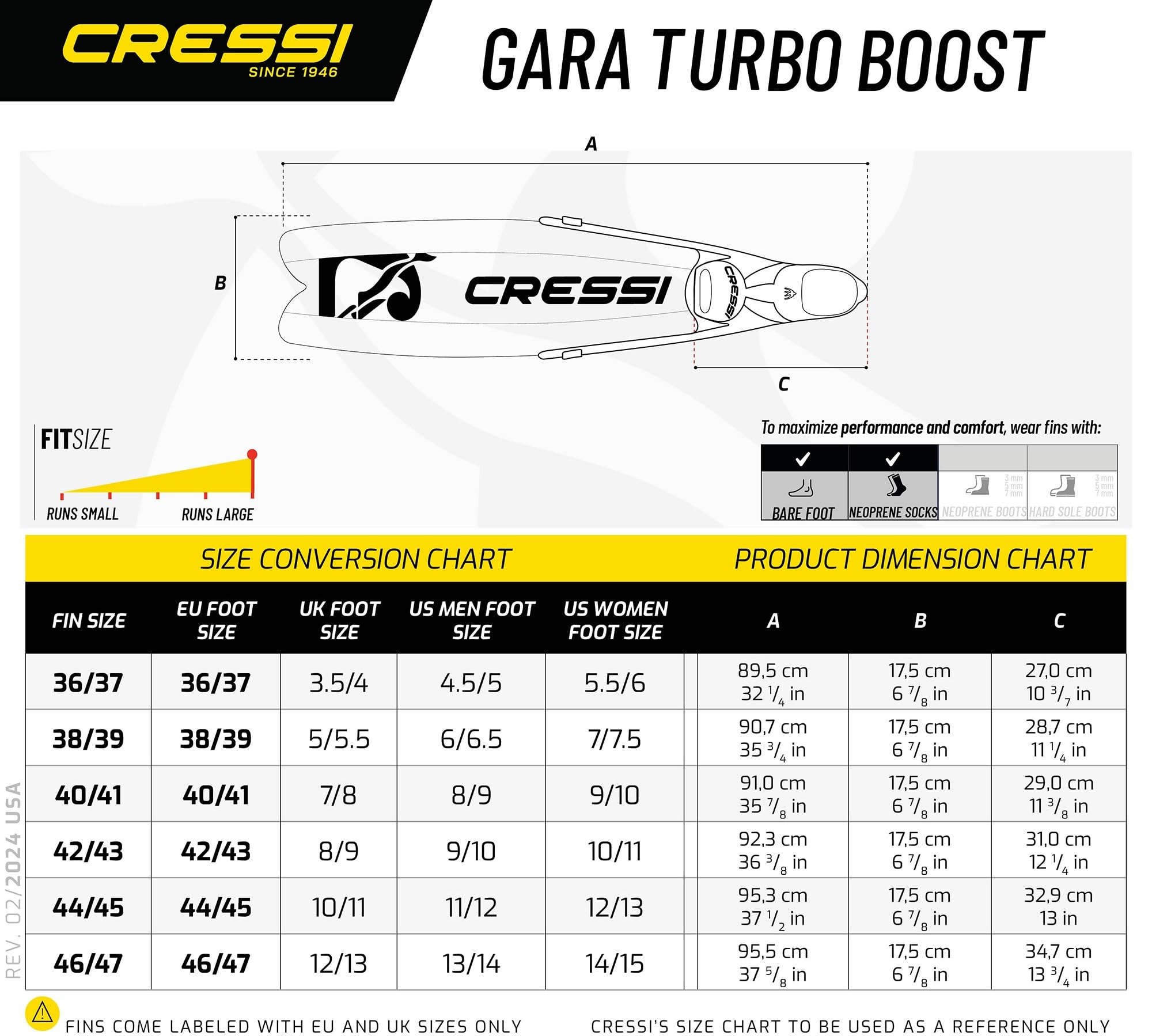 Cressi Gara Turbo Boost Fins - Innovativa Pinna Lunga a Scarpetta Chiusa Ideale per Immersioni Libere Intermedie Avanzate Apnea e Pesca Subacquea Unisex Adulto