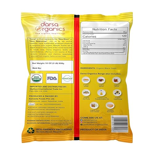 Miniatura 2 de Darsa Organics Frijoles mate negros divididos de 2 libras, Urad Dal Chilka, lentejas partidas de gramos negros con piel  Certificado USDA, sin OMG,