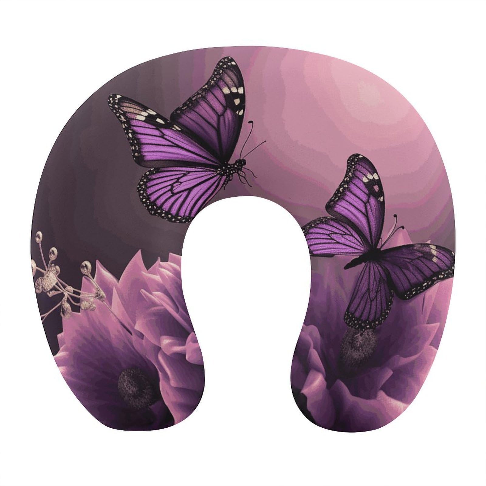 Btcowzrv Style 3D Flowers And Purple Butterfly U Shaped Neck Pillow Travel Pillows