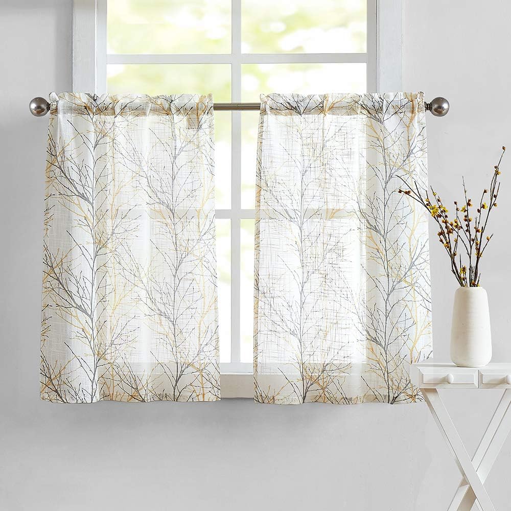 FMFUNCTEX White Yellow Kitchen Curtains for Bathroom Tree Branch Print Small Tier Curtains 24" Café Curtain Set, 2 Panels