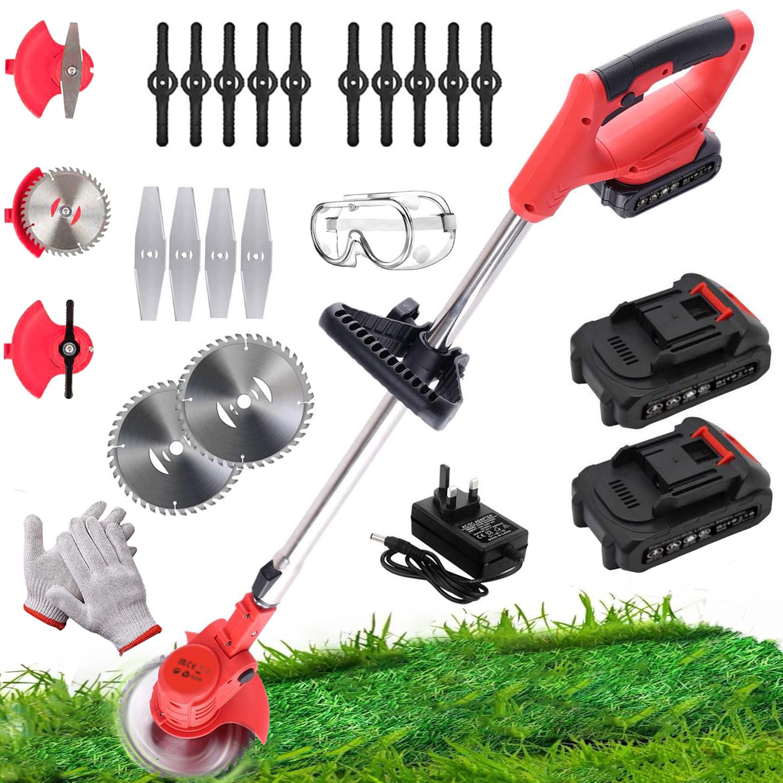 Cordless Strimmer Electric with Battery and Charger, 3-in-1 Electric Grass Trimmer Telescopic Grass Cutter, with 3 types 16 Blades 2 Batteries, for Garden Mowing, Edging, Sawing of Lawn and Shrubs-image-43