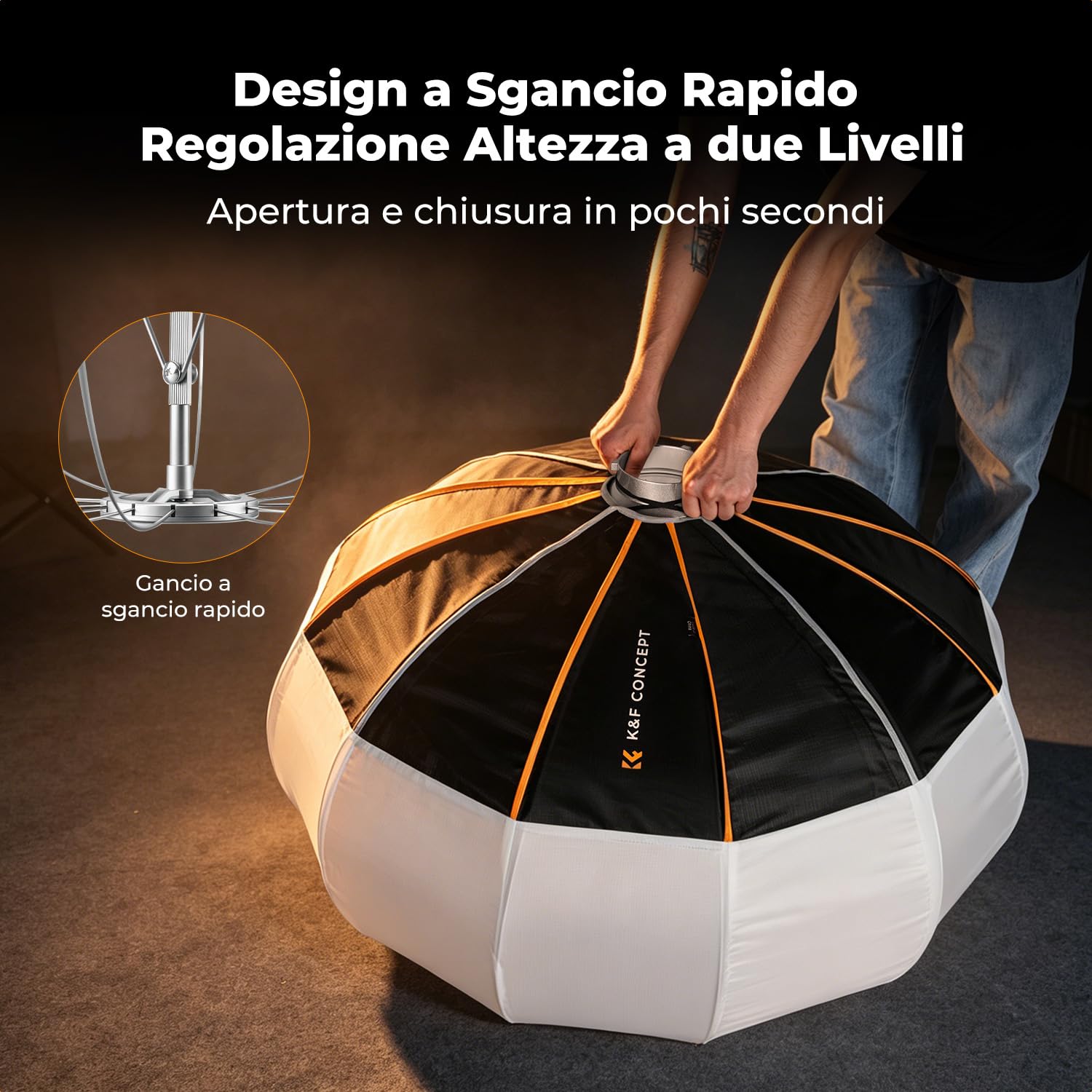 K&F CONCEPT Softbox lanterna 90cm sgancio rapido,griglia+diffusore+borsa | Montaggio istantaneo, luce diffusa 360°, pieghevole con attacco Bowens per luci COB, studio, streaming live,LL02