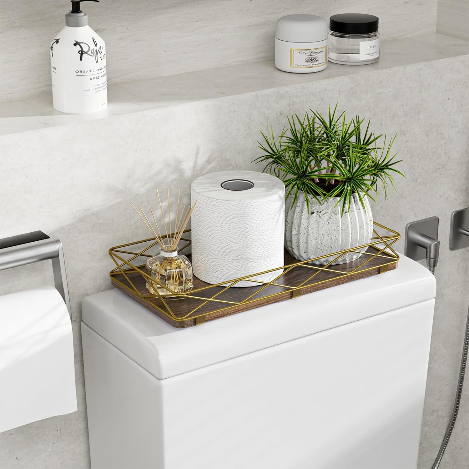 Toilet Paper Basket Holder, 13" Bathroom Tray Countertop, Wood and Metal Toilet Tank Tray Bathroom Vanity Organizer for Toiletry, Kitchen Sink Organizer for Soap Dispenser (Brown+Gold) - Image 3
