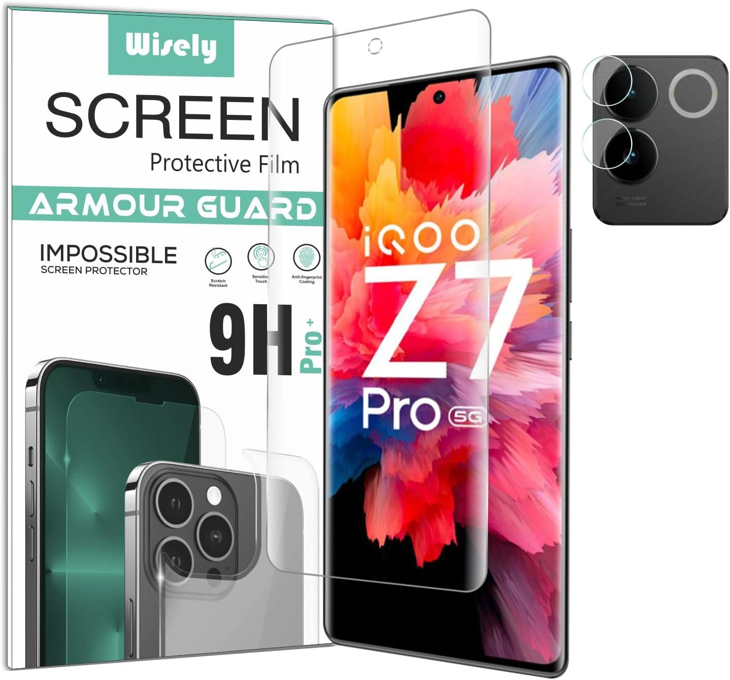 Wisely 2in1 Impossible Unbreakable Camera Lens Nano Glass + Front Guard Screen Protector for iQOO Z7 Pro 5G Anti Scratch Flexible Screen Guard HD Clear