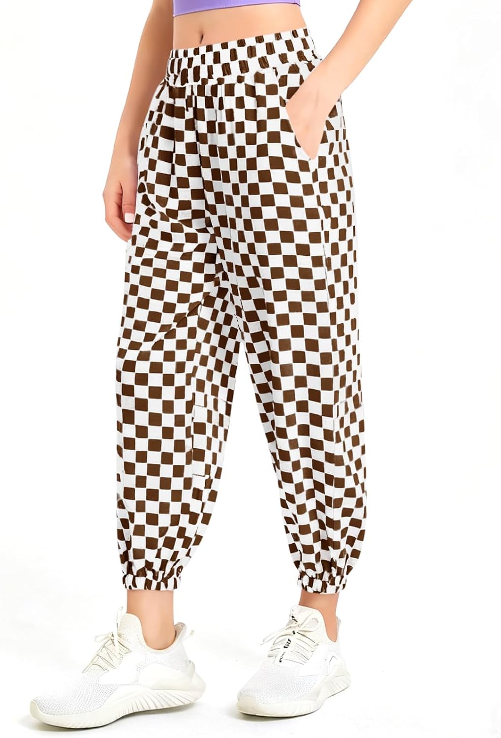 Haloumoning Girls Plaid Pants Kids Elastic Waist Jogger Pants Lightweight Bottoms with Pockets 5-14 Years