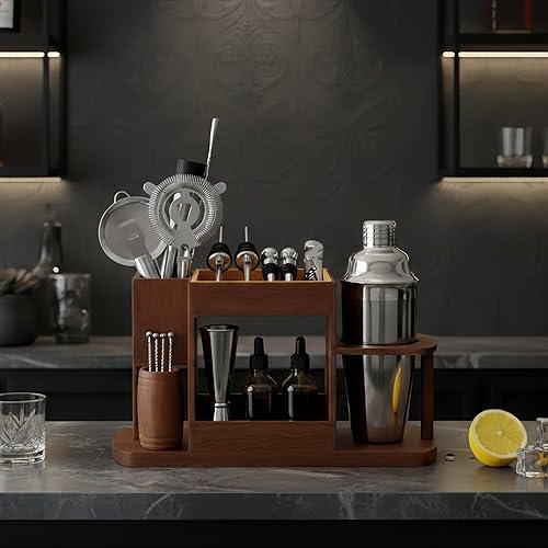 Miniatura 5 de Lexenic Muelle para hacer cócteles, juego de coctelera de 23 piezas con soporte de madera versátil, kit de barman de acero inoxidable de fácil