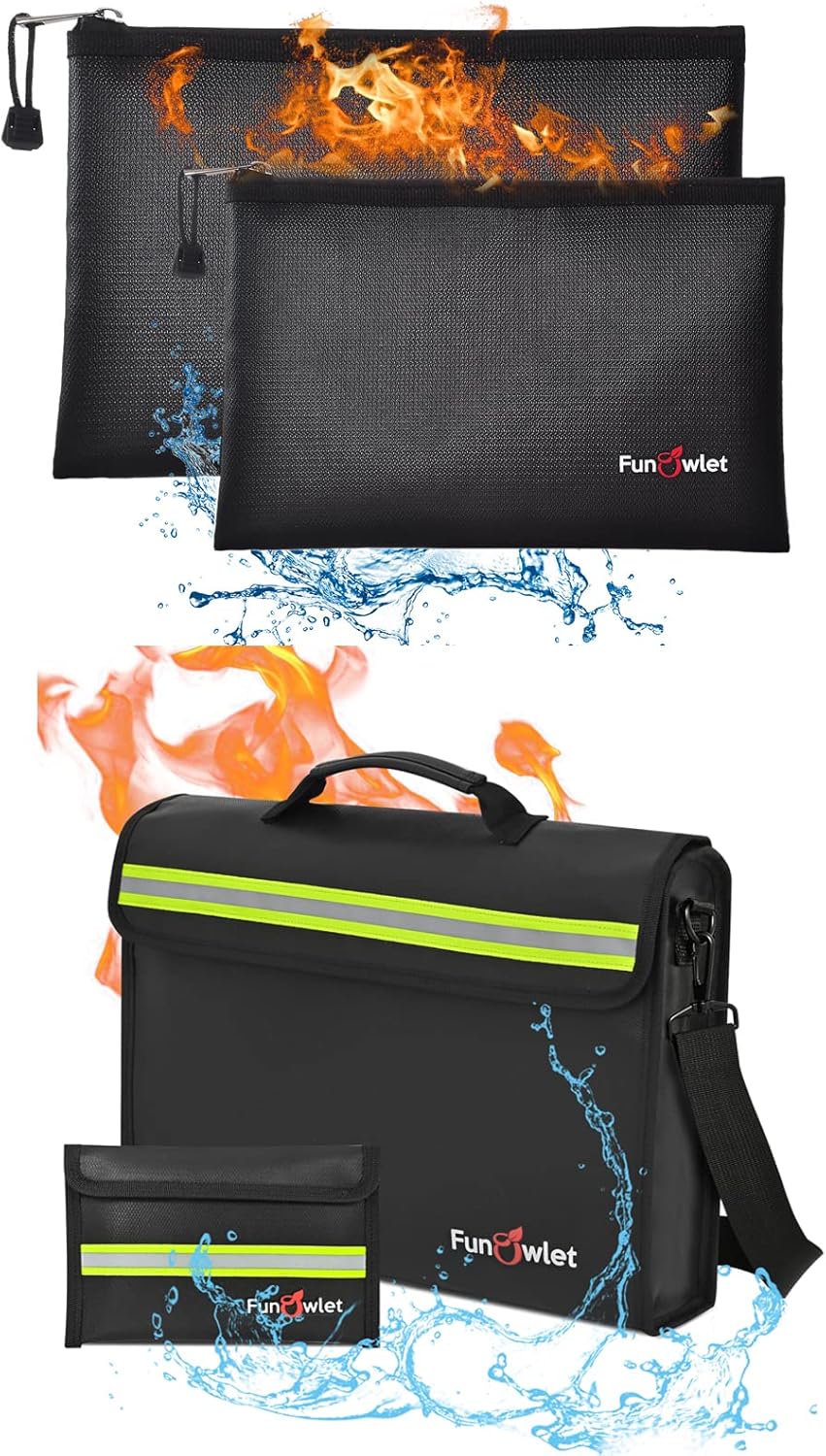 2 Pack Fireproof Waterproof Money Document Bag + Large Fireproof Safe Box with Wallet Protector