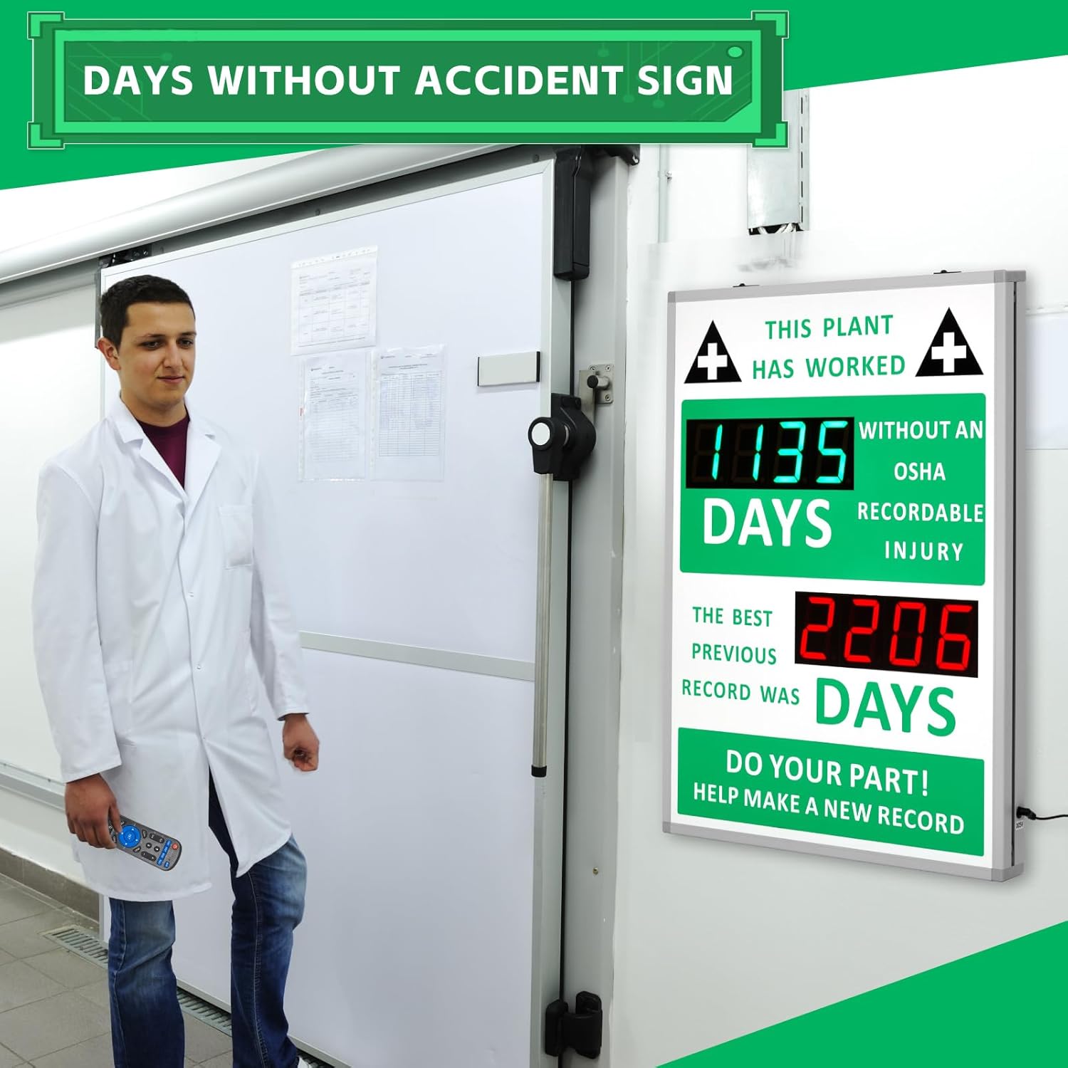 Days Safety Is The Priority Without Accident Sign Electronic Safety Scoreboard 28" x 20" with Remote Control Safe Scoreboard Sign Days Without a Lost Time Accident Are Avoidable(with Bast Record)