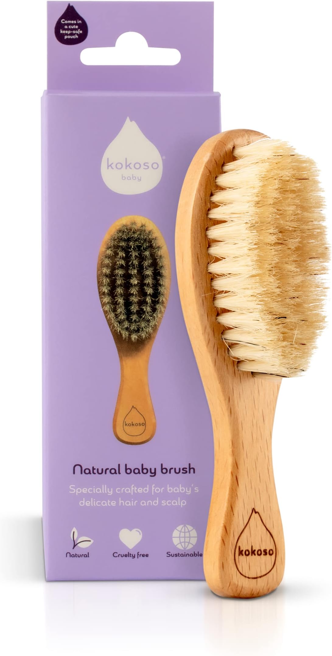 Kokoso Baby - Wooden Brush, Natural Baby Hair Brush - Made with 100% Natural Boar Bristle, for Babies & Toddlers - Gentle on Delicate Hair - Comes with a Jute Bag, Plastic Free