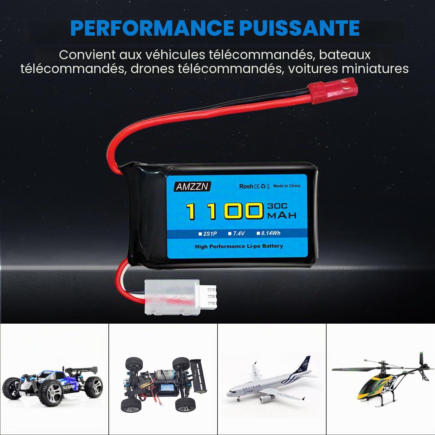 2PCS 7,4V 1100mAh 30C Lipo batterie avec chargeur 2-en-1 pour Wltoys A949 A959 A969 A979 K929 RC voiture, compatible avec 1/10 1/16 1/18 1/24 Ratio RC voiture et A320 A321 V3551 3 drone RC