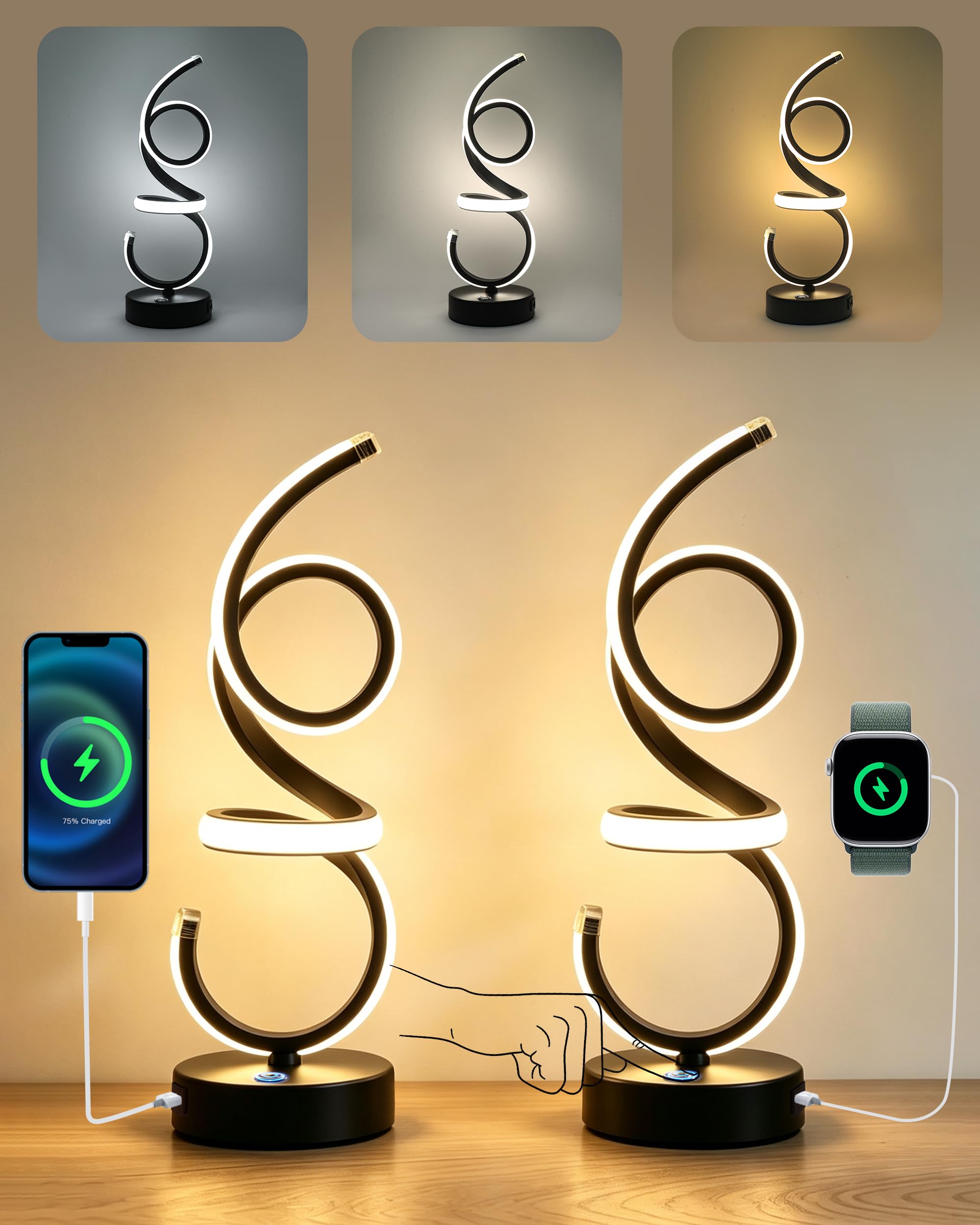 AManLife Bedside Lamps Set of 2,Table Lamps for Living Room Bedroom Studies Offices Restaurant,Table Lamp with USB Charging Ports,15 inch Dimmable Bedside Lamp(with UK-Standard 3-pin Plug)