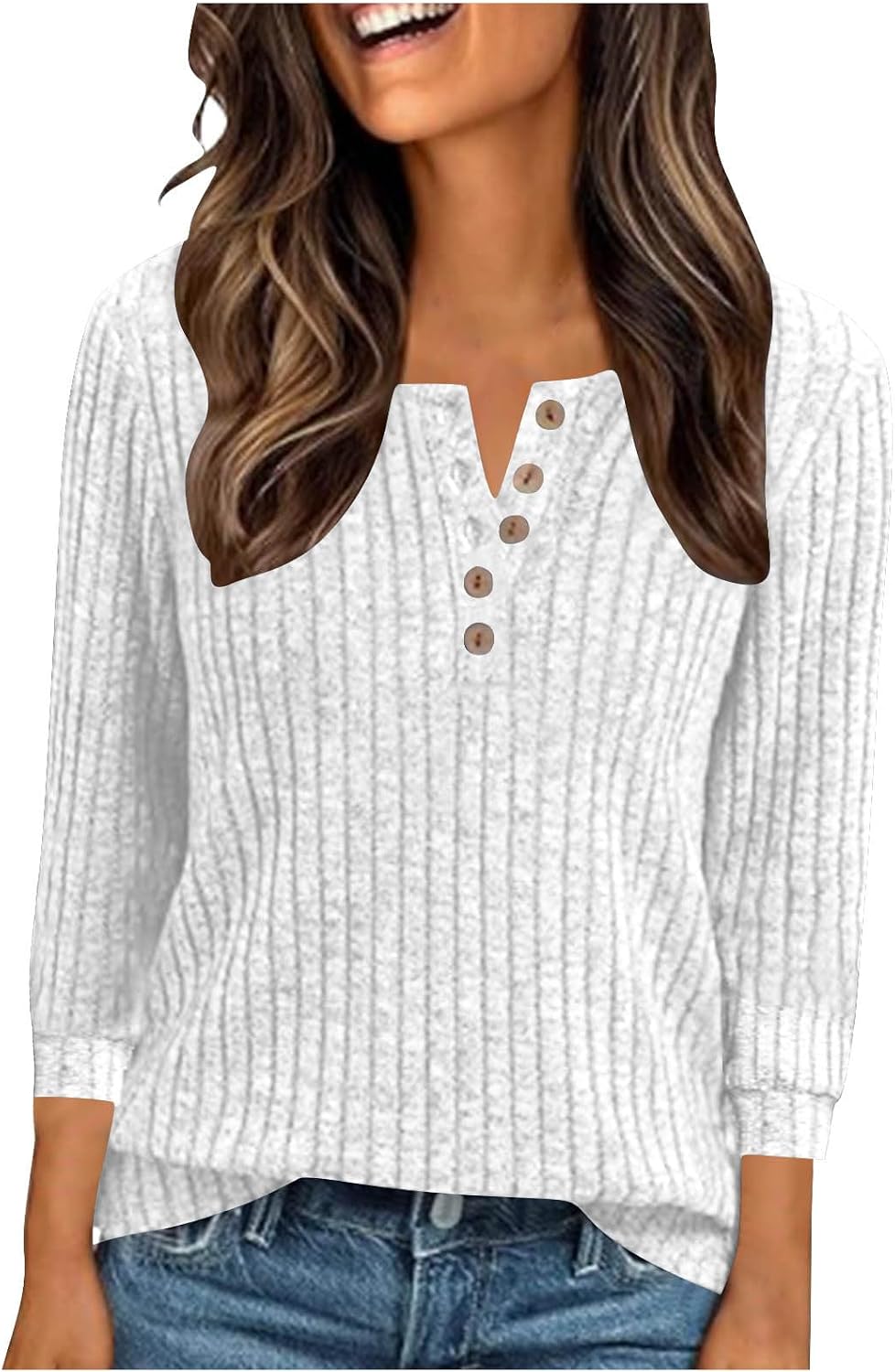 Women Button V Neck Long Sleeve Shirt Fall Fashion Tops Tunic Dressy Casual Sweater Clothes Cute Trendy Work Outfits