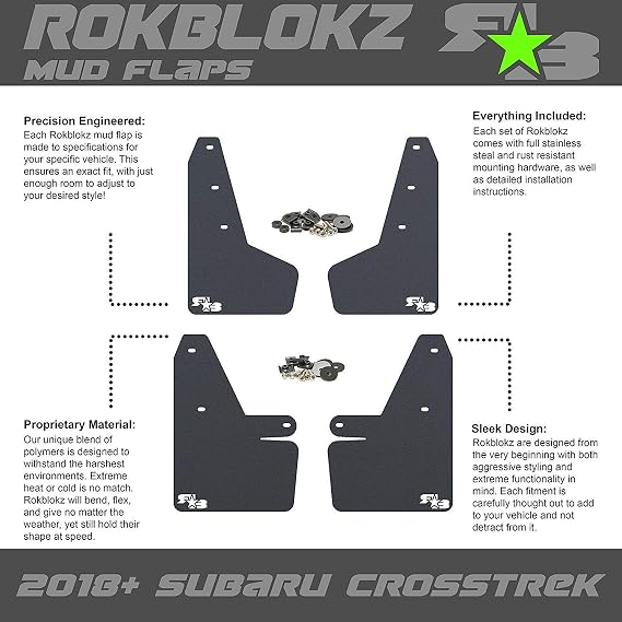 Rokblokz Mud Flaps for 2018-2023 Subaru Crosstrek - Multiple Colors Available - Mud Guards are Custom Cut and Fit - Includes All Mounting Hardware (Black with Black Logo)