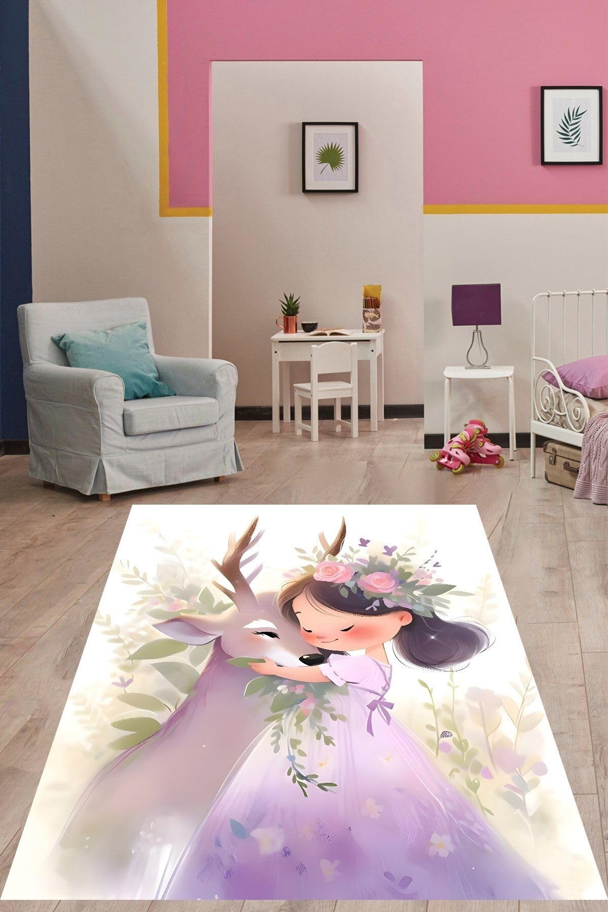 Pelangi Çiçek Taçlı Geyik Seven Kız Yıkanabilir Kaymaz Taban Leke Tutmaz Çocuk Odası Halısı, Lila-Beyaz 160 x 230