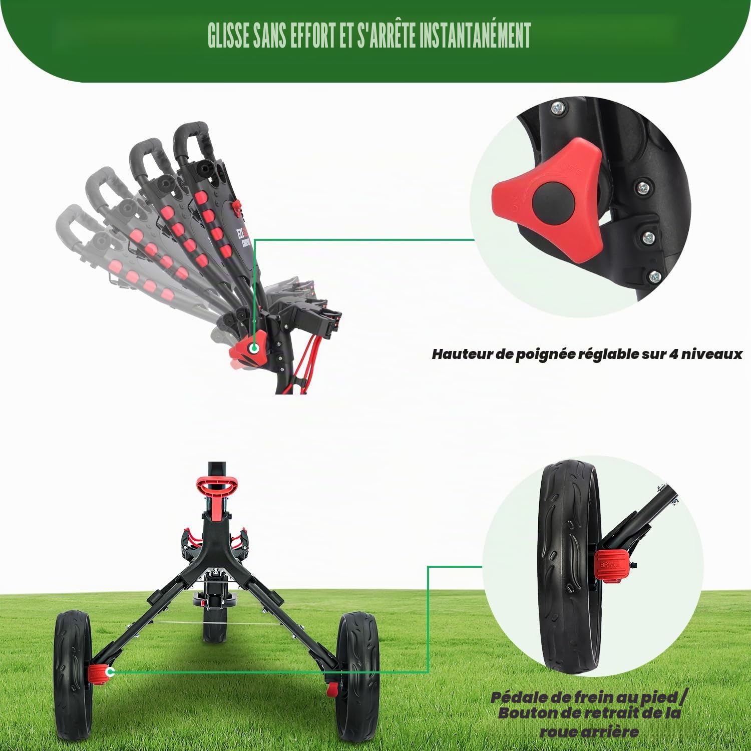XDriveMax GC408 - Chariot de golf pliable à 3 roues - Léger - Pour clubs de golf et sac de golf - Avec porte-gobelet, porte-carte de score et compartiment de rangement - Rouge