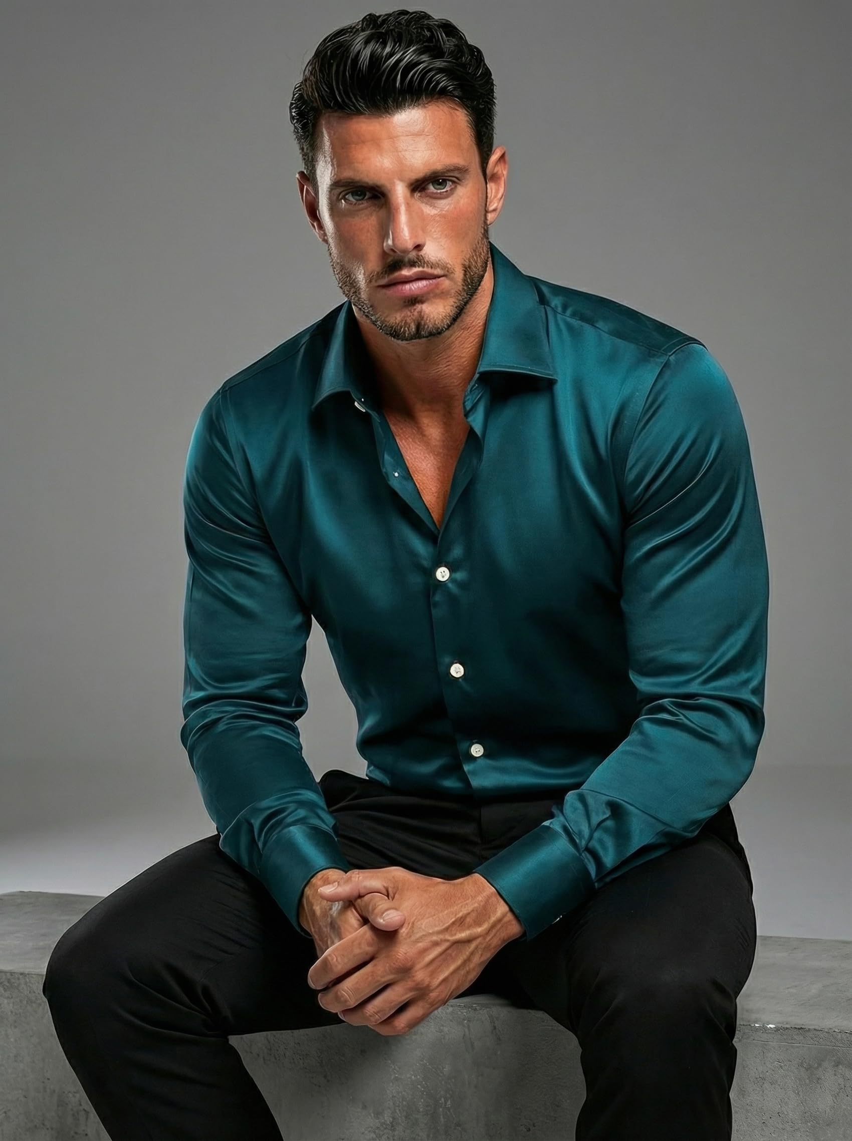 FUNKY RICH Camicia da uomo in raso di seta a tinta unita con maniche lunghe e colletto - lunghezza standard e chiusura con bottoni, camicie formali da uomo, elegante camicia da uomo