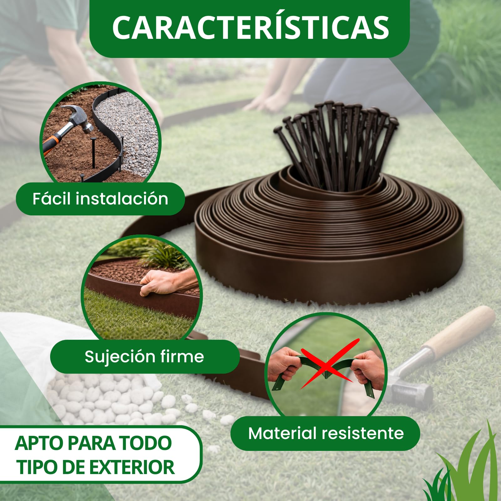 PLANTAWA Borde para Césped Artificial Marrón 10m, 30 piquetas | Delimitación y Fijación del Perímetro, Contención de Materiales y Acabado Profesional | Flexible, Discreto y Resistente para Jardín