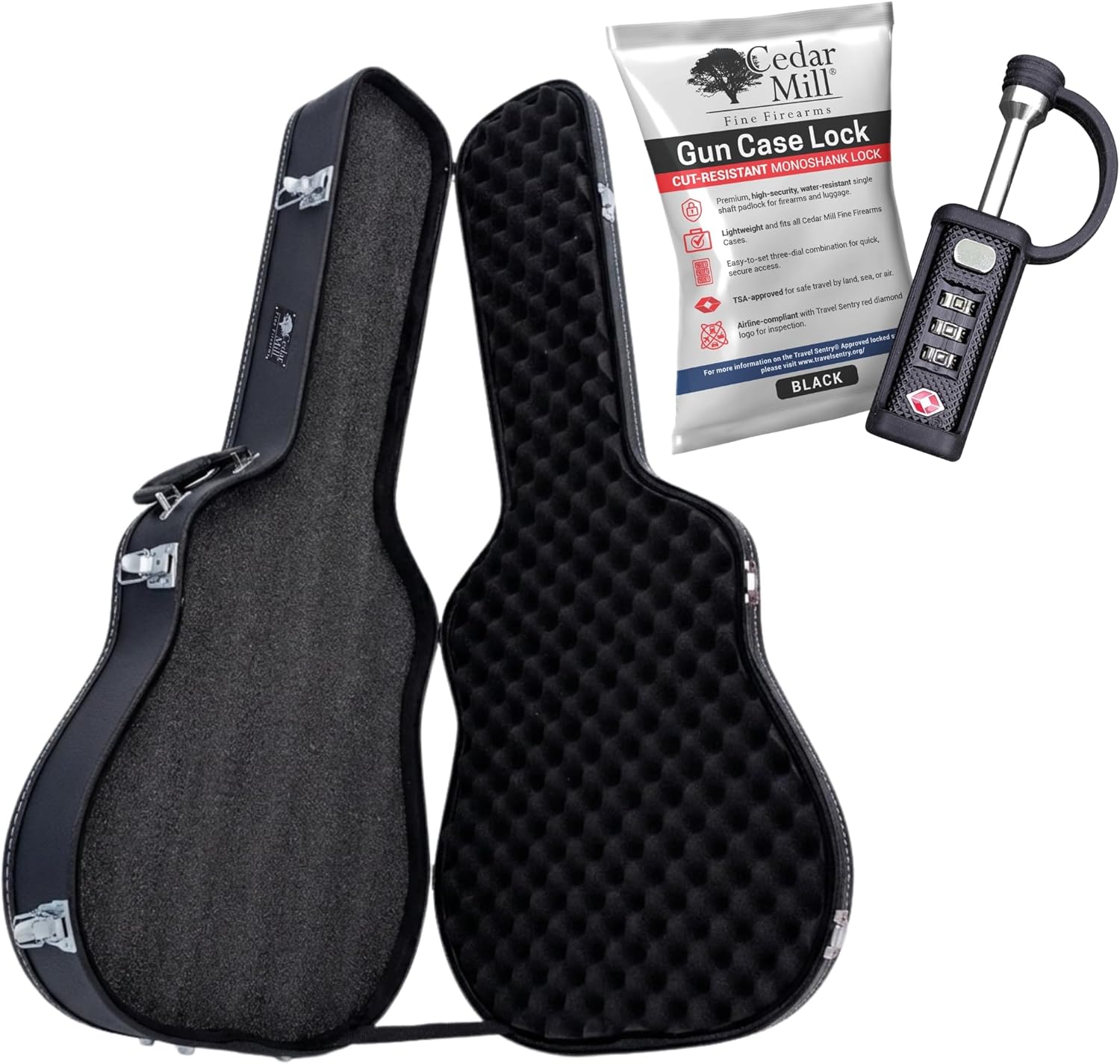 Guitar Style Hard Rifle Case Bundle for Travel & Storage with Black TSA-Approved Gun Lock – Protective Rifle Case with Custom Foam Insert, Lockable Latches & Cut-Resistant 3-Digit Combination Lock