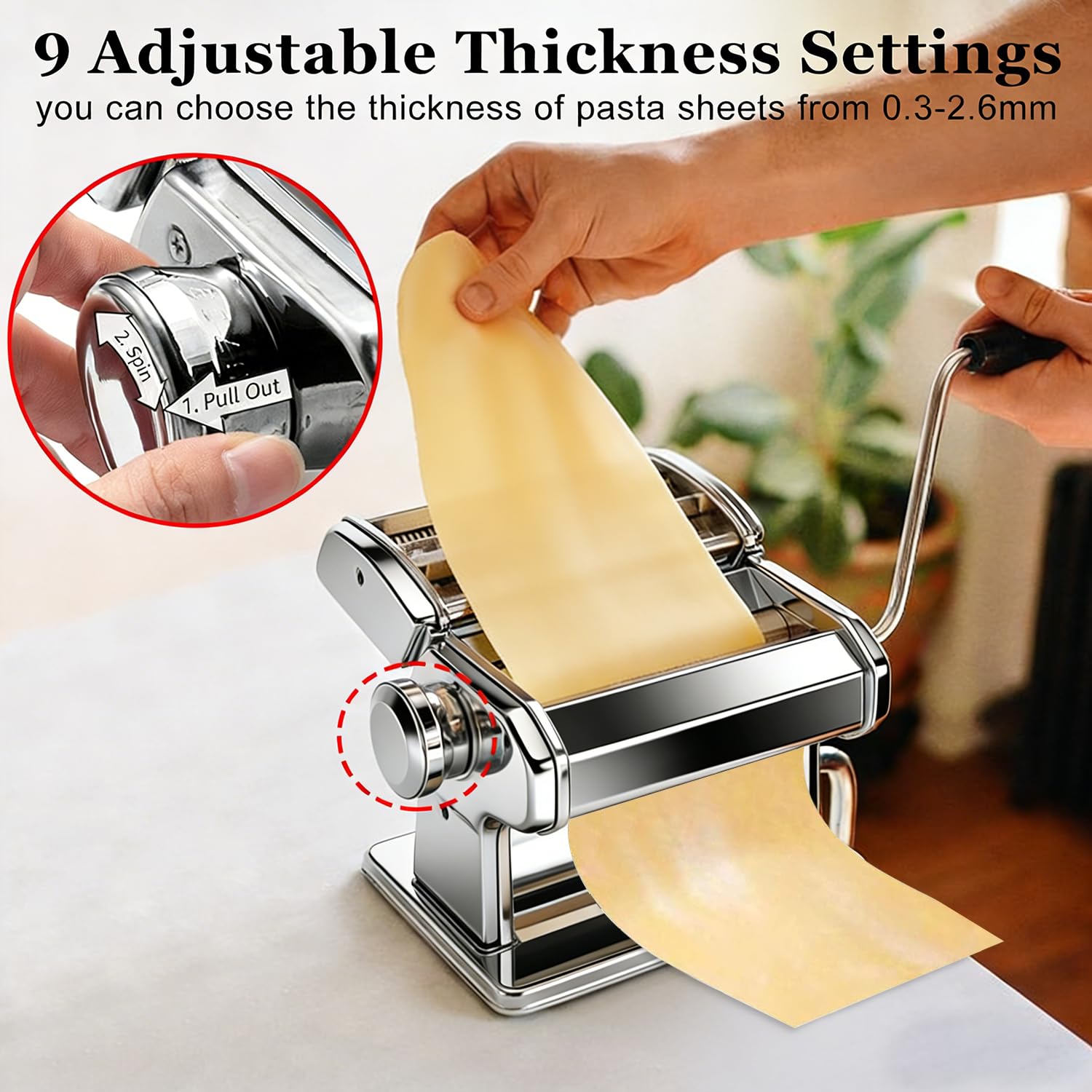 Máquina para hacer pasta, máquina manual de pasta con 9 ajustes de grosor ajustables, máquina de fideos de acero inoxidable con rodillos y cortador para pasta, espaguetis, fettuccini, lasaña