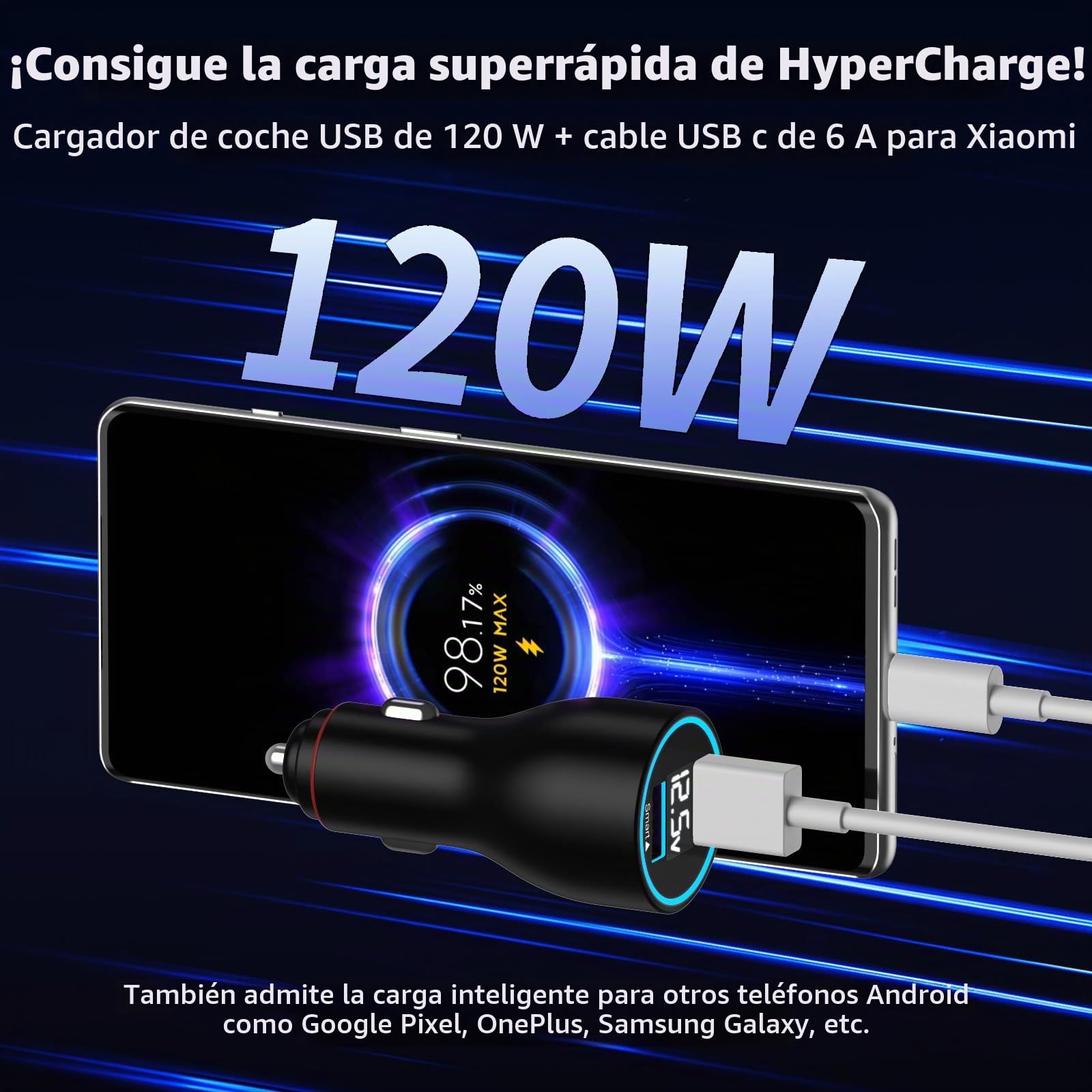 ASKUBSKU Cargador Coche 120W y Cable para Xiaomi Redmi Note 15 14Pro+ 5G | Carga Rápida USB Adaptador Cargador Coche y 6A Cable USB C 1Metro para Xiaomi 17T Pro 13 Pro Poco F8 Redmi Note 13Pro+ 12Pro+