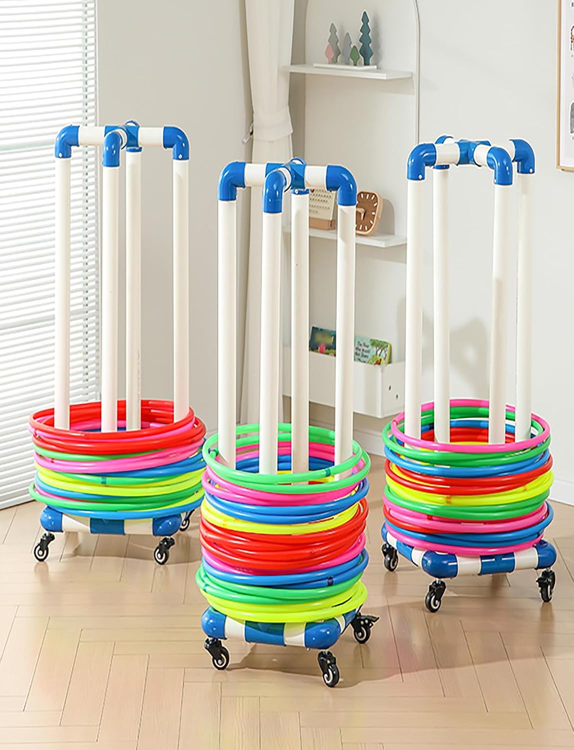 PVC Hoop Rope Holders, Moveable Fitness Hoop Storage Cart, Sport Equipment Organizer Shelves, Playground Garage Gym Shelf(70cm)