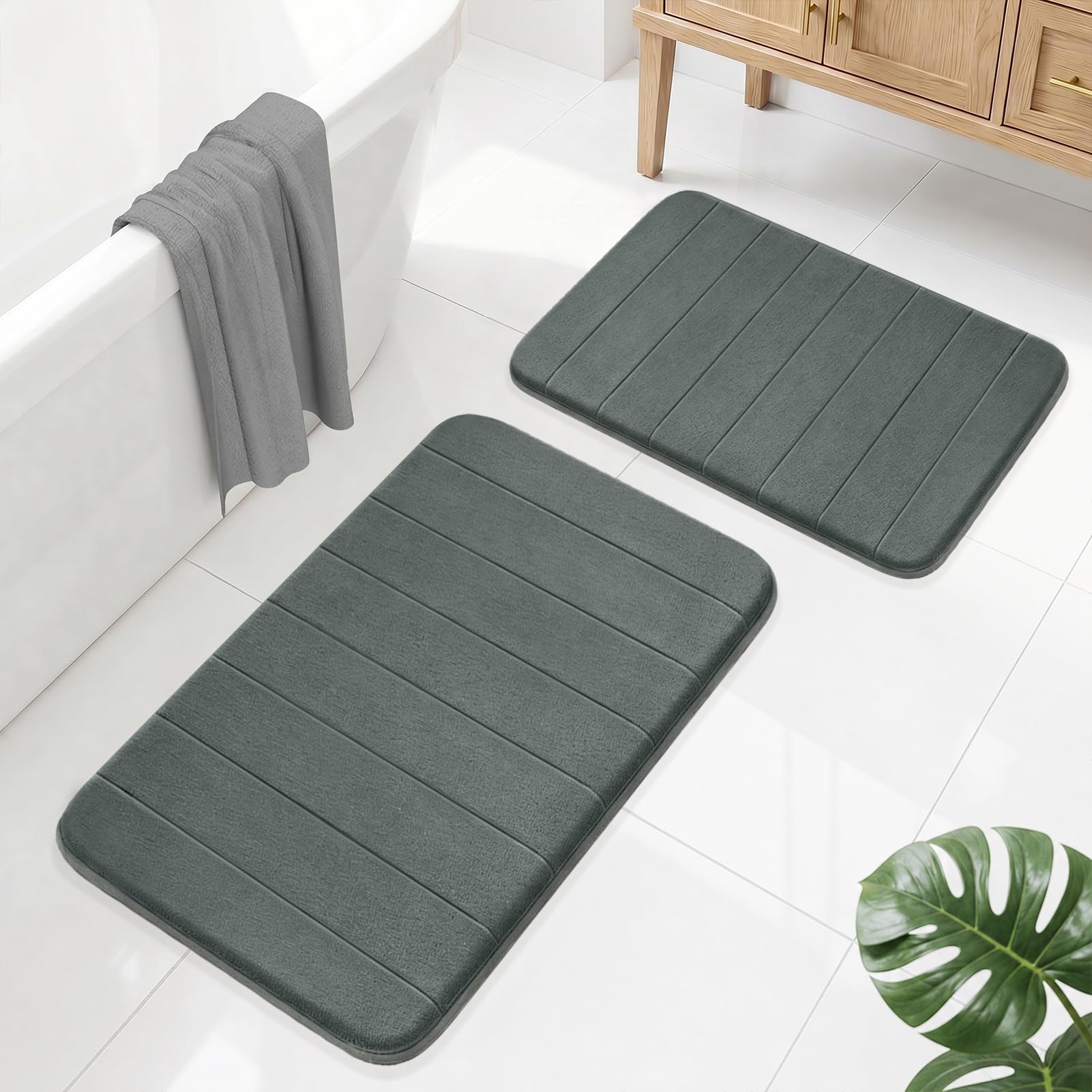 LUSCHEER Bathroom Mat Sets 2 Piece, Memory Foam Bath Mat, Grey