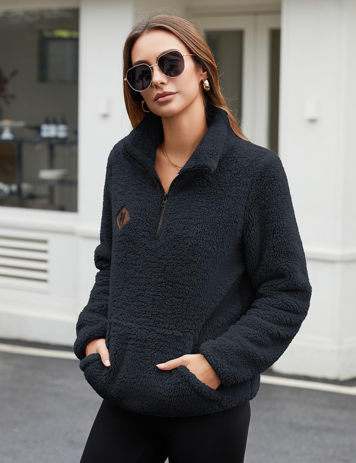 Vancavoo Sweat Polaire Femme Demi-Zip Pull Teddy Chaud Sweatshirt