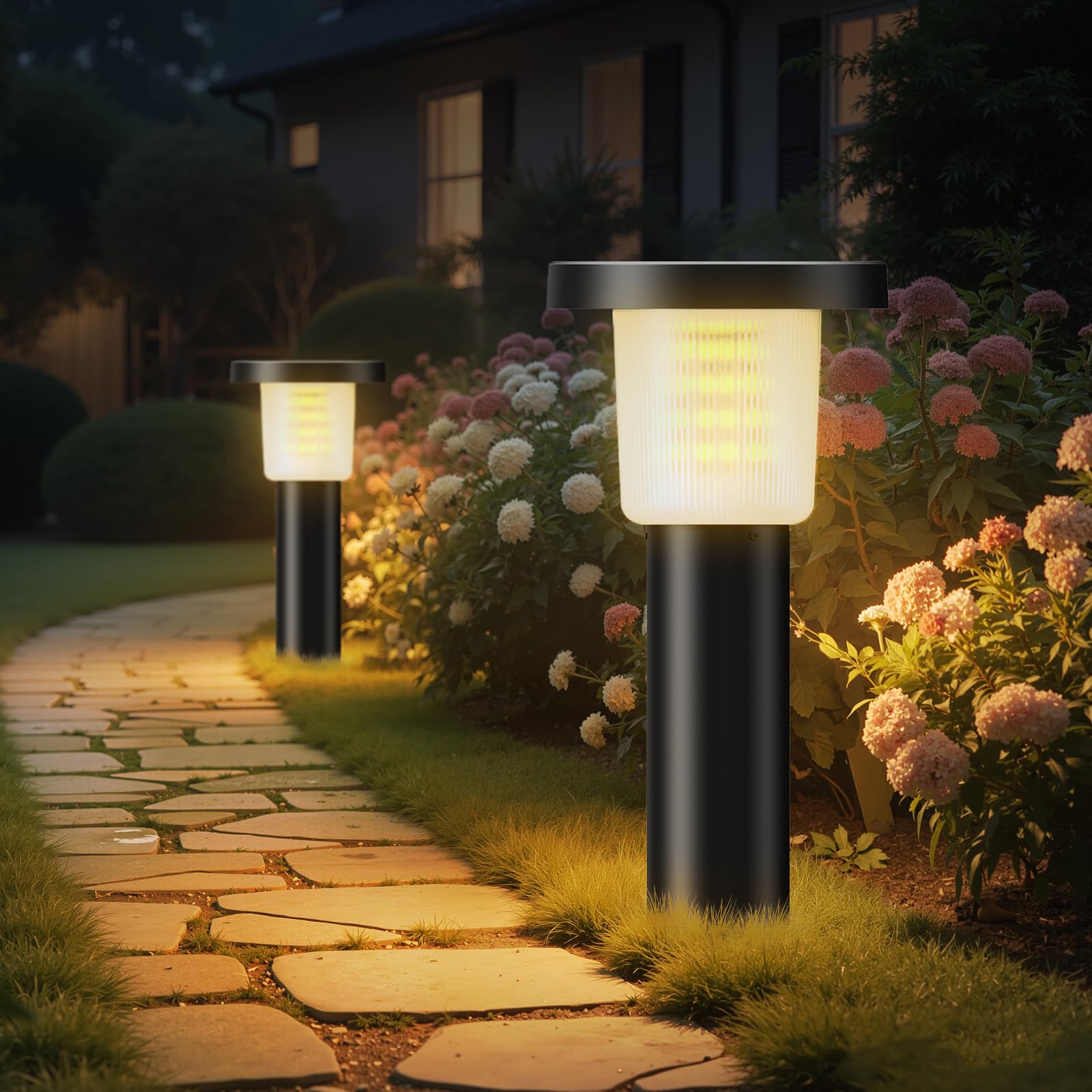 INTELAMP Luci Solari da Esterno con Telecomando, 2 Pezzi Faretti Giardino Solari Potenti 500LM Lampioni Giardino, 3 Temperatura di Colore, 3800mAh Batteria, Bianco Caldor IP65 Impermeabile