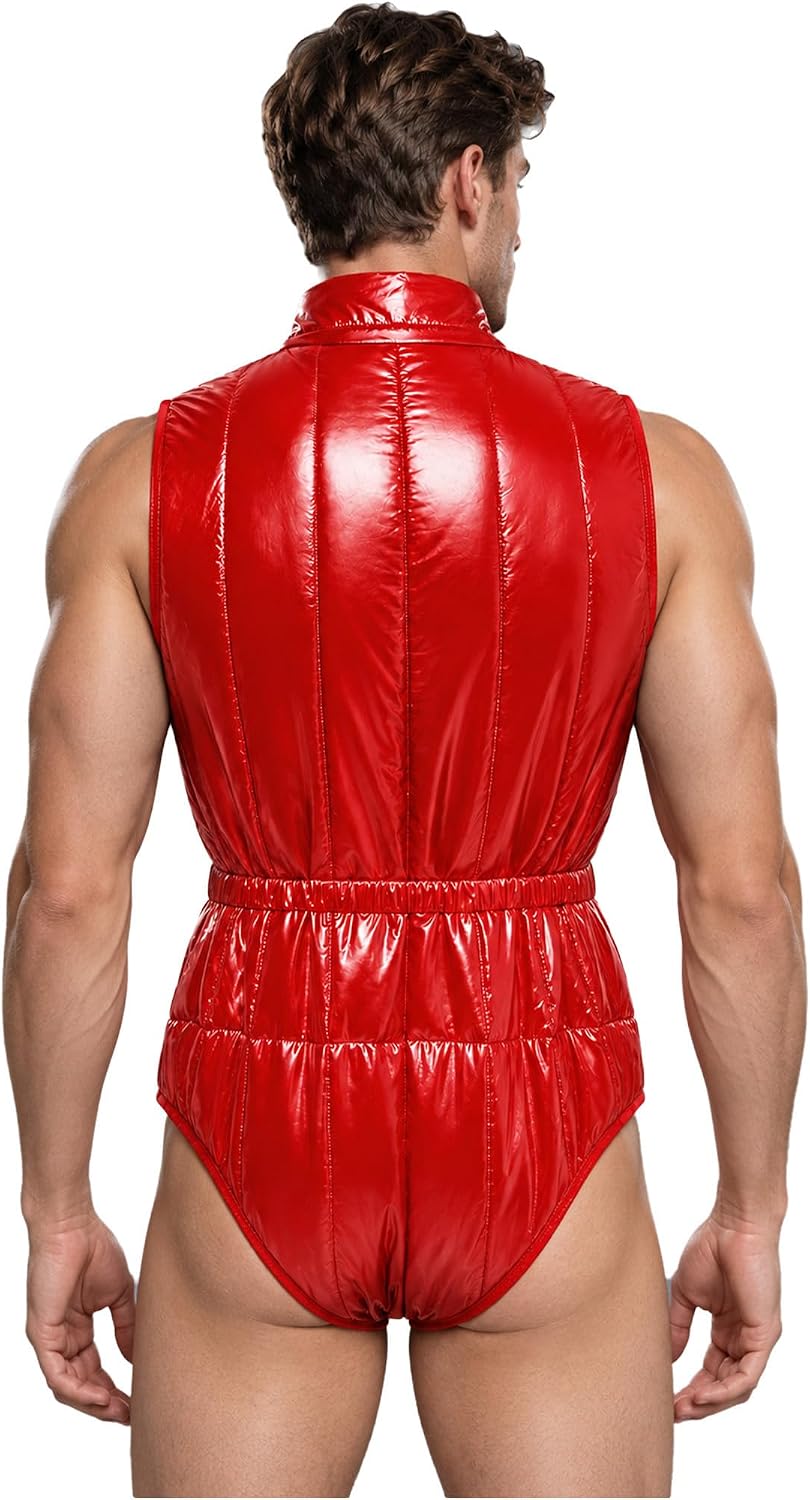 FEESHOW Men Shiny Quilted Puffer Leotard Athletic Romper