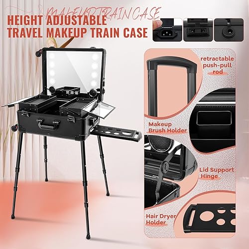 Miniatura 4 de GCCSJ Caja de aluminio del tren del maquillaje de la carretilla con 8 luz LED 21 '' Rolling Cosmetic Organizer Studio, Negro -, Estuche de tren de