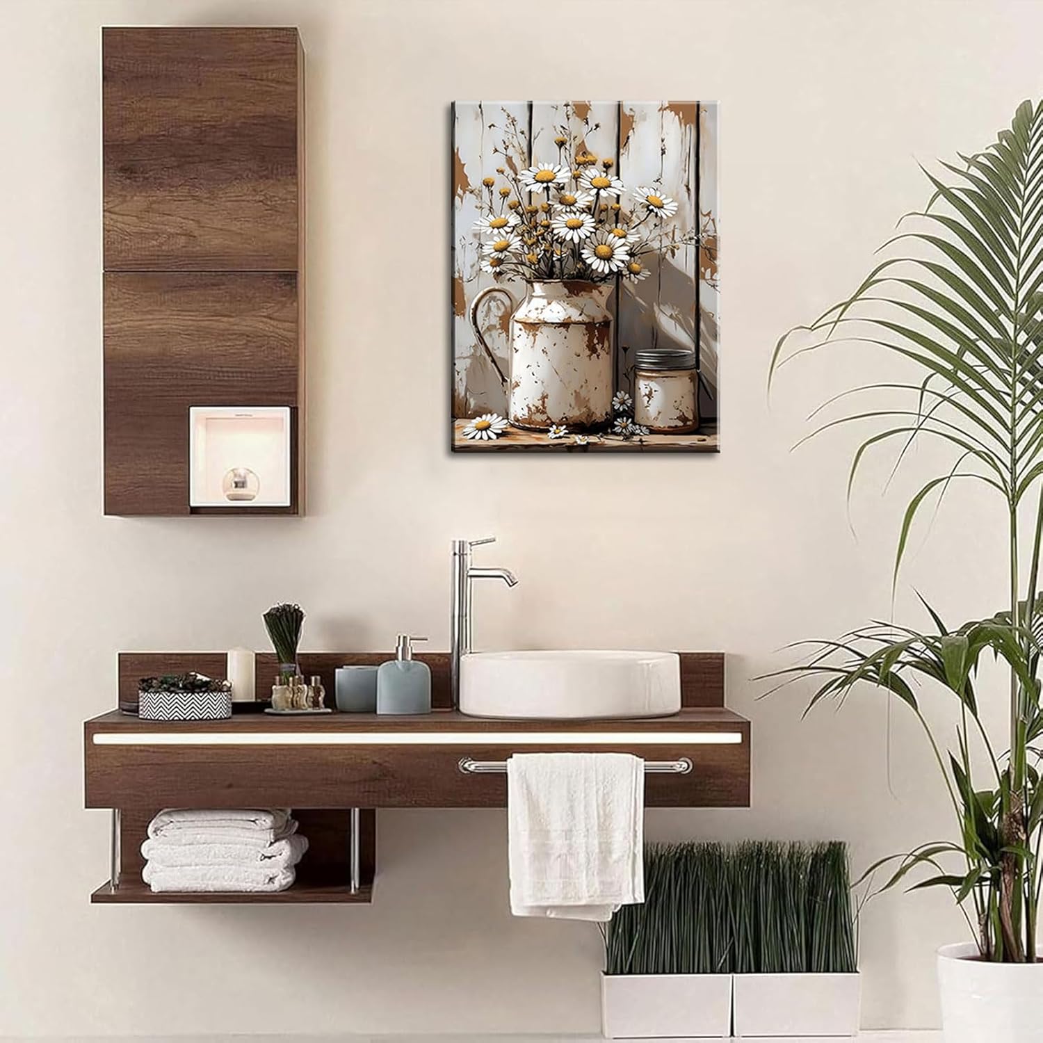 Farmhouse Flower Canvas Wall Art Vintage Plant Floral White Daisy Still Life Wall Deco Picture Rural Tin Can Watering Can Posters Print for Living Room Bedroom Bathroom Home Decoration